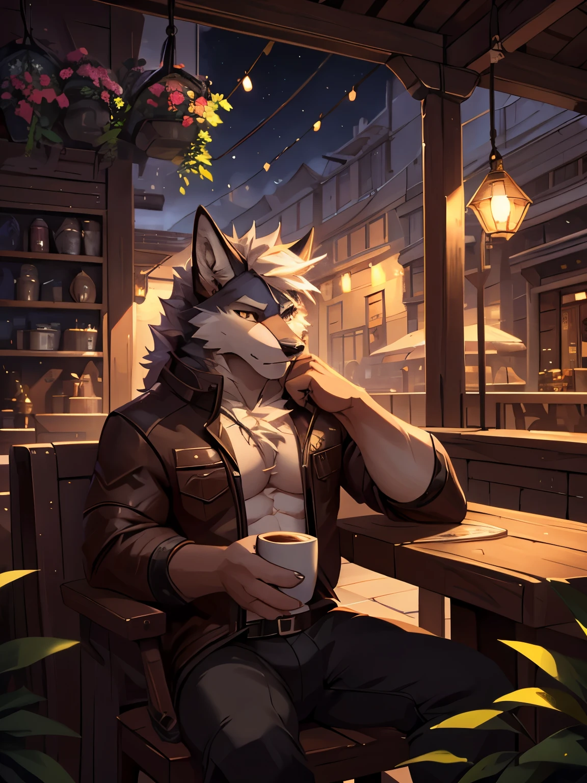 4k, 8k, high resolution, best quality, perfect colors, perfect shadows, perfect lighting, posted on e621, (by Chunie, by canyne khai, by t.y.starale), male, furry, anthro Wolf, rain, (Realistic eye details 1.3), armed,sad expression,white wolf, night, handsome, sitting,coffee,coffee shop, Realistic background, masterpiece, dramatic lighting, soft lighting, day, highly detail, Hair coiled, casual clothes, Detailed fur, Detailed face, Perfect face, Detailed background, (Complex), (Super Detail), (Ultra Clear), (Best Quality)