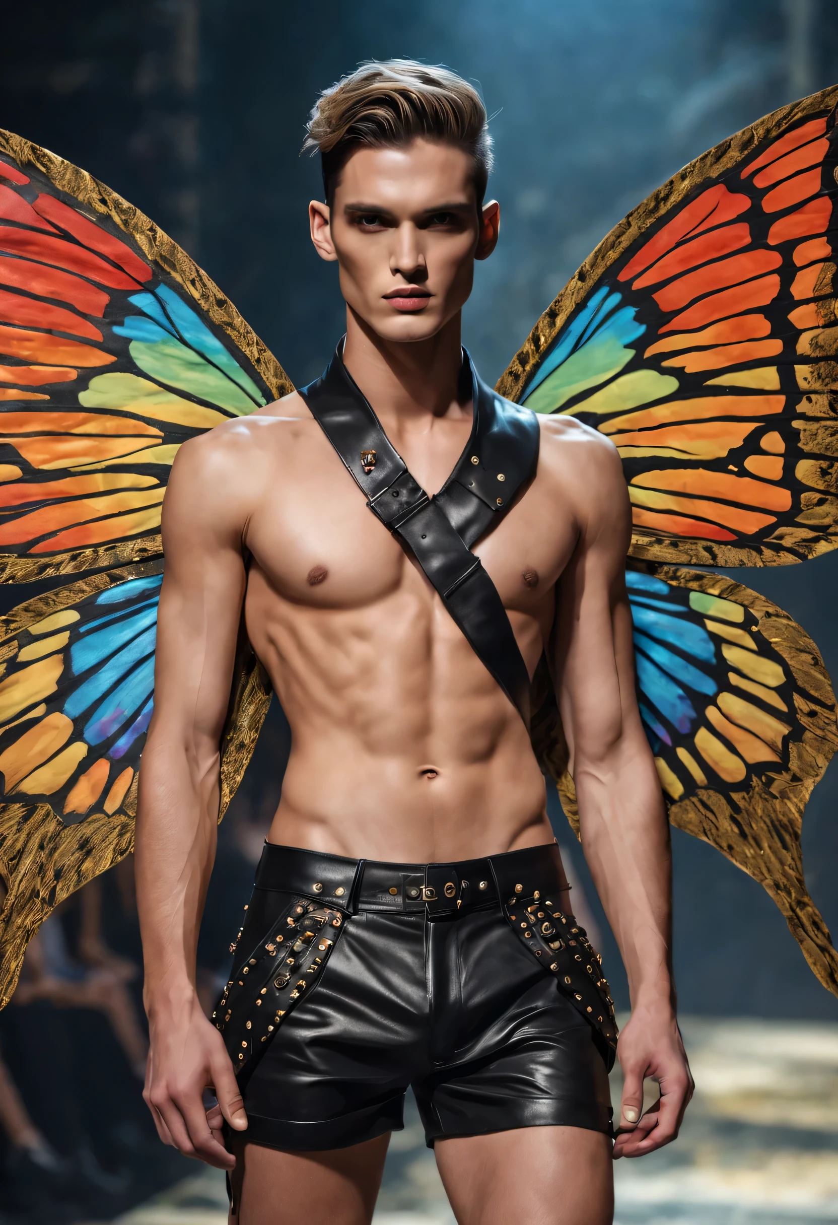 Delphine Enjolras (Delphine Enjolras) style,,Scene design,(whole body), (時尚维多利亚的秘密内衣Fashion show scene:1.3),Sad handsome male model,
Carrying large plastic exaggerated weird transparent butterfly wings,Bat tattoo,shorts,Typical Victoria's Secret Fashion Show Elements,bronze skin,The bridge of his nose is high and straight,tight leather pants,field boots,shorts,The title is mainly black and white,Exaggerated feather accessories,Complemented by bold red,Steady yet a little exaggerated。Unique rivets and holes,Exaggerated interpretation of punk elements,Supermodel's quirky sexy expression,Extremely。Supplemented by exotic elements,bold and bright colors,full of charm。Elegant pleated elements,It is the biggest highlight of underwear。It is mainly based on the passionate ethnic style elements.,Quite a fiery and unrestrained feeling,,(Topless:0.85),sad prince,gentle melancholy,tall and fit.,He has a strong physique,toned muscles,Fresh and toned abs, Exquisite facial features,King style, Slim stretch,look up,(Main color is blue:0.8),Gothic,background:T stage,Fashion show scene,赛博朋克Gothic美学,lace,electric wire,精致shorts,