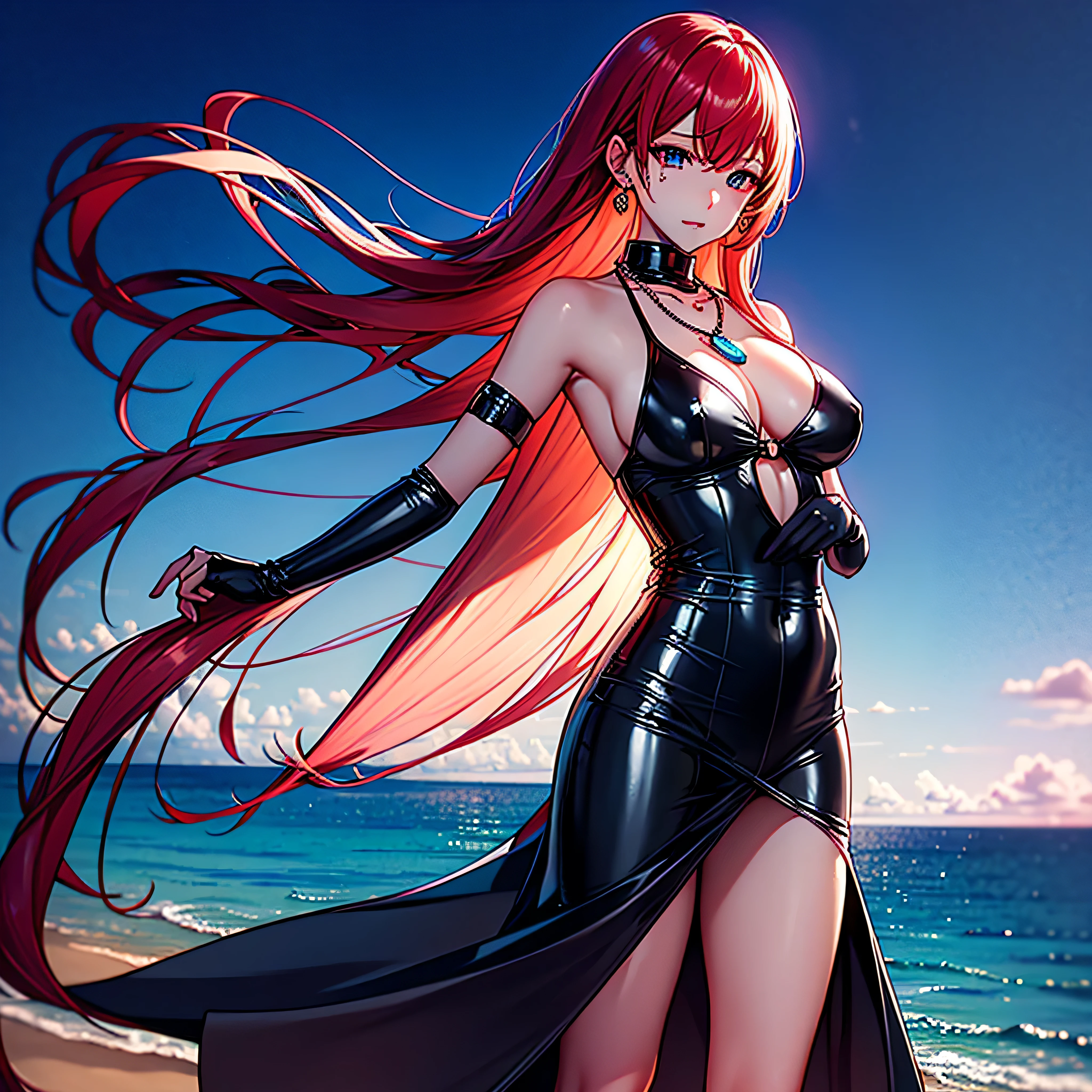 Tears, red hair, afro tanmed (black skin: 1.6), delicate hairstyle, colorful inner hair, multicolored hair, gradient hair, a woman standing on the beach, big breasts, open chest, long eyelashes, lip gloss, shirt, necklace, earrings, superlative, transparent dressing gown, ultra high-details, ultra high resolution, 32K ultra high-quality, ulra high-definition, (latex skin: 1.4), (darkskin: 1.15), (tmasterpiece: 1.2, best quality), ultra high-detail, varied multi etc. --v 6 --s 1000 --c 20 --q5 --chaos 100