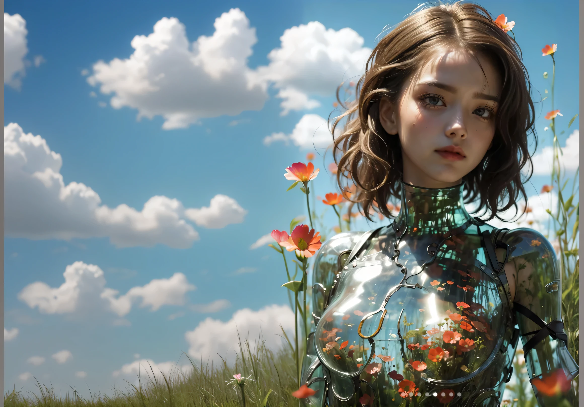 flores, cielo, cielo, exterior, Science fiction, difuminar, grass, realism, nubes, blue cielo, pecho, labios, transparente, transparente, transparente,