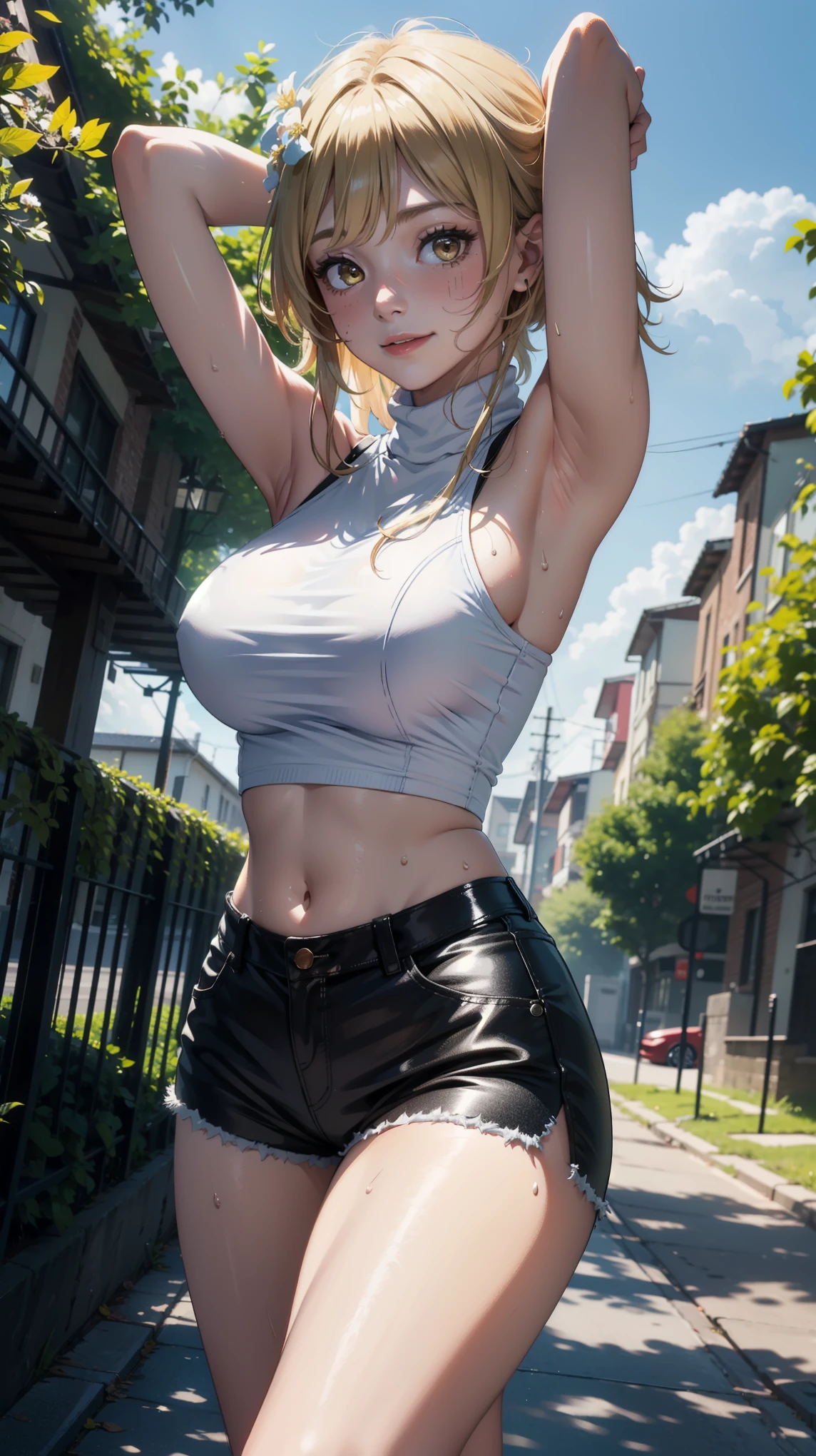 Masterpiece, high quality, 8k, ultra detail, 1 girl, ((luminernd)) standing,outdoors, (large breast), (shorts), navel, (sleeveless turtleneck:1.5), ((armpits poses)), smile,(sweating)