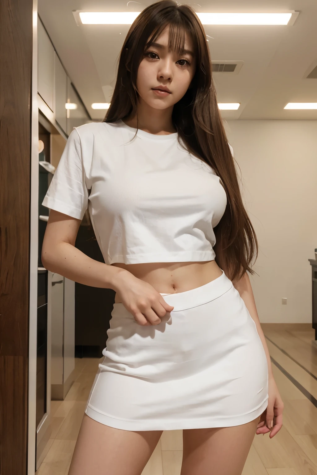 araffed woman in a short skirt and a white shirt, perfect android girl, hyperrealistic , a hyperrealistic , japanese goddess, korean girl, dark brown hair, realistic , japanese model, seductive anime girl, with long blond hair, really large bust, hyperrealistic full figure, trending at cgstation, anime girl cosplay, beautiful latina girl