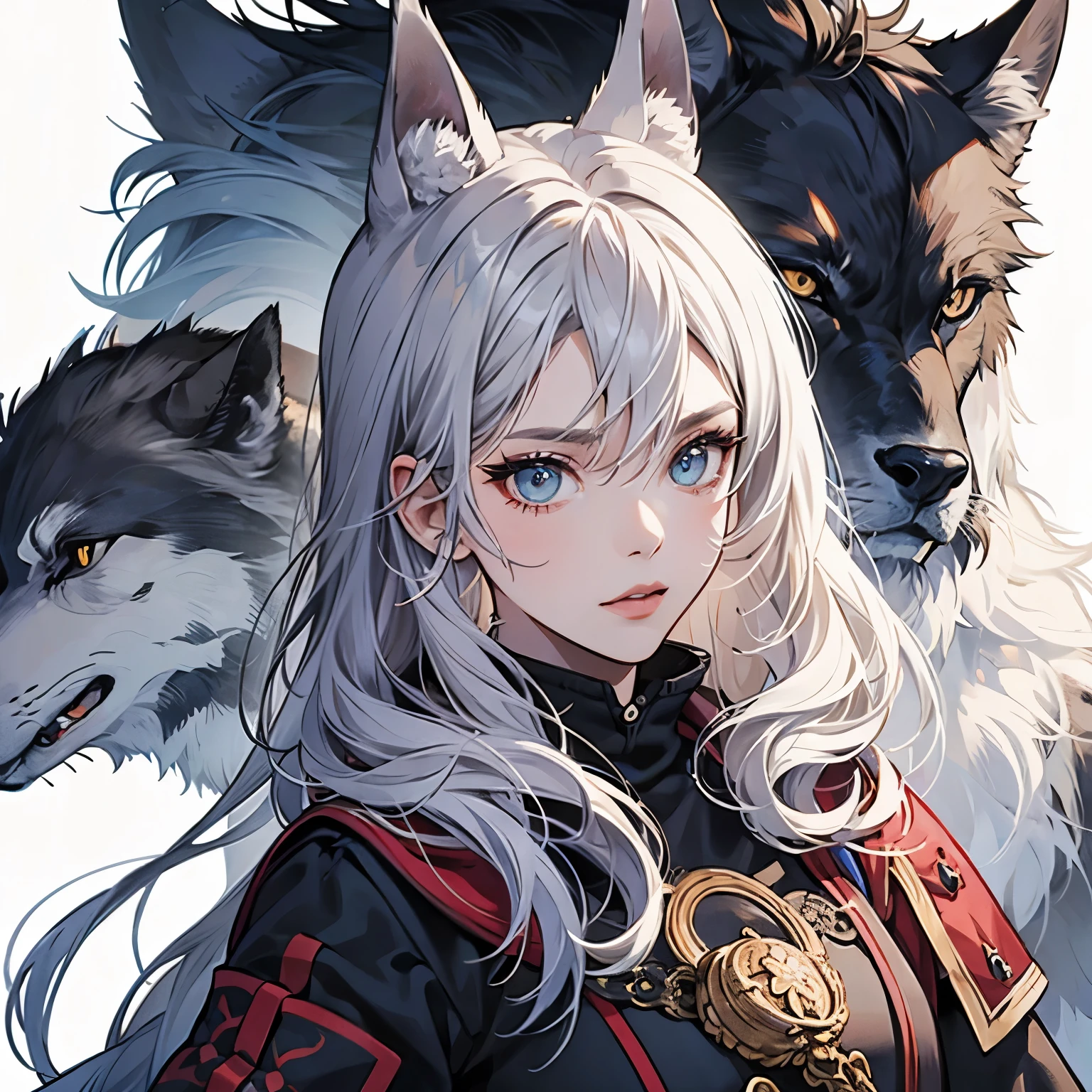 (SFW)Uma linda loba furry, wearing nordic warrior clothes,cabelos vermelhos arrepiados longos,orelhas de lobo,olhos azuis, thin lips, rosto redondo, seios grandes, female wolf warrior, imponente e perfeita(SFW)