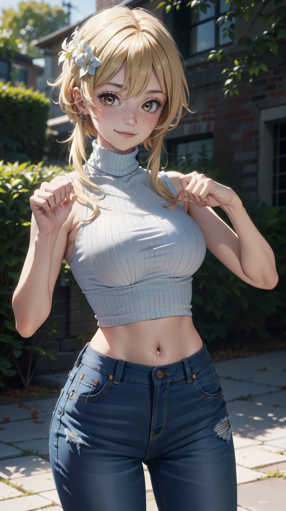 Masterpiece, high quality, 8k, ultra detail, 1 girl, ((luminernd)) standing,outdoors, (large breast), (jeans), navel, (sleeveless turtleneck:1.5), ((paw poses)), smile,