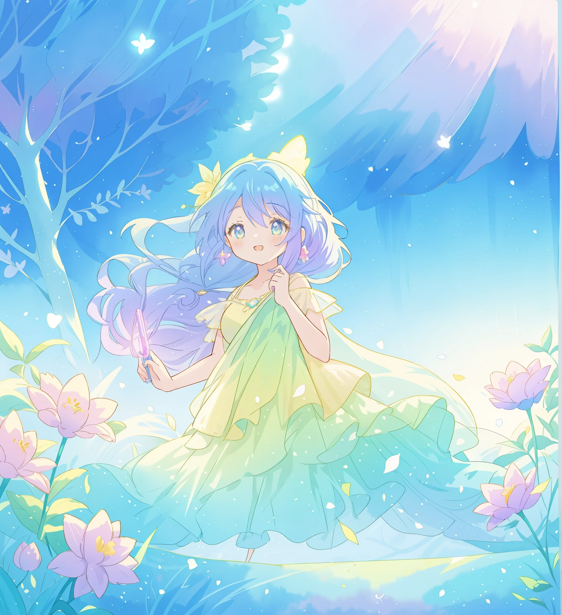 beautiful girl in yellow mint gradient layered fantasy dress, long flowing blue purple hair, colorful fantasia background, watercolor illustration, disney art style, glowing aura around her, glowing lights, beautiful digital illustration, fantasia otherworldly landscape plants flowers, beautiful, masterpiece, best quality, anime disney style