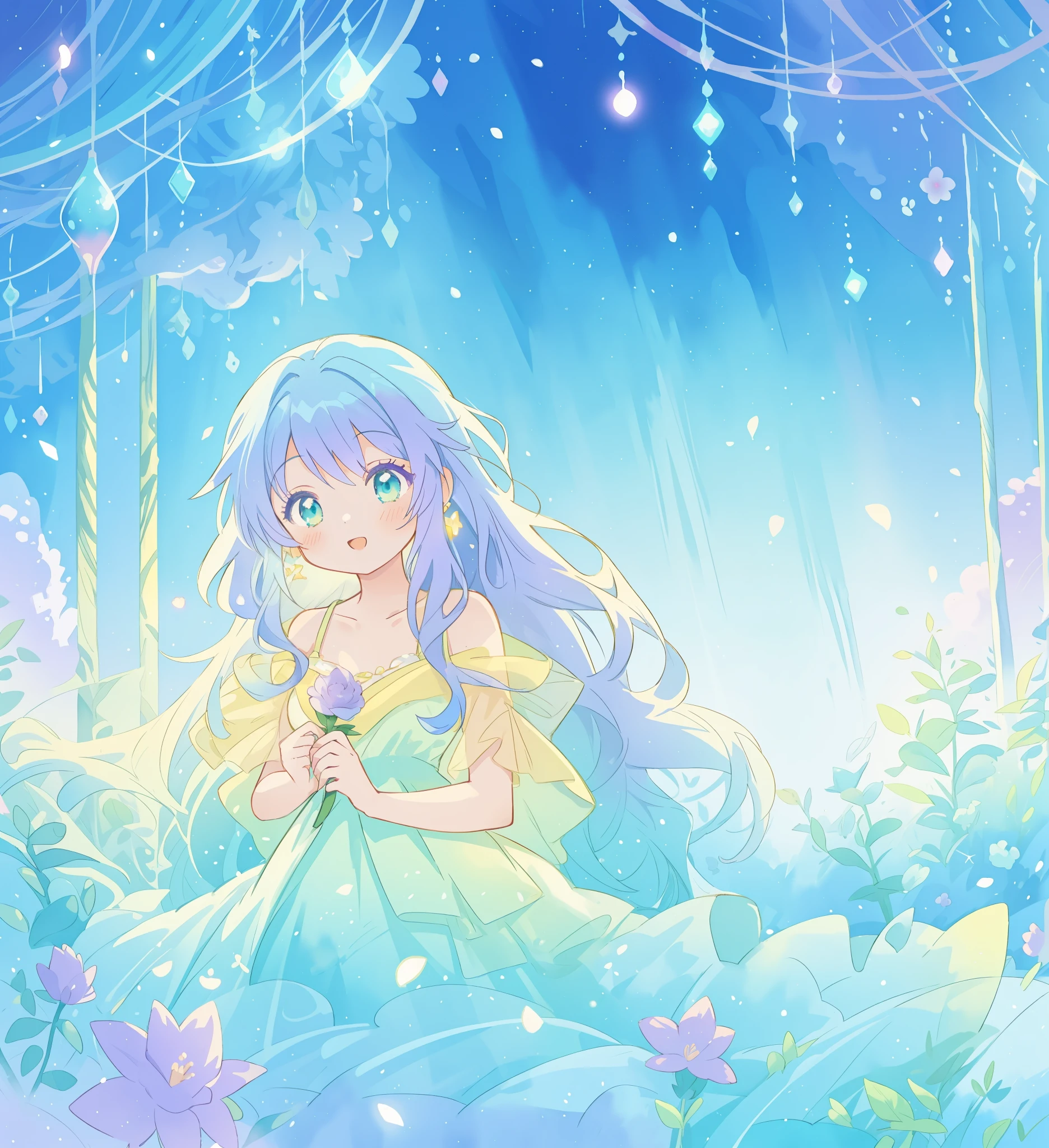 beautiful girl in yellow mint gradient layered fantasy dress, long flowing blue purple hair, colorful fantasia background, watercolor illustration, disney art style, glowing aura around her, glowing lights, beautiful digital illustration, fantasia otherworldly landscape plants flowers, beautiful, masterpiece, best quality, anime disney style