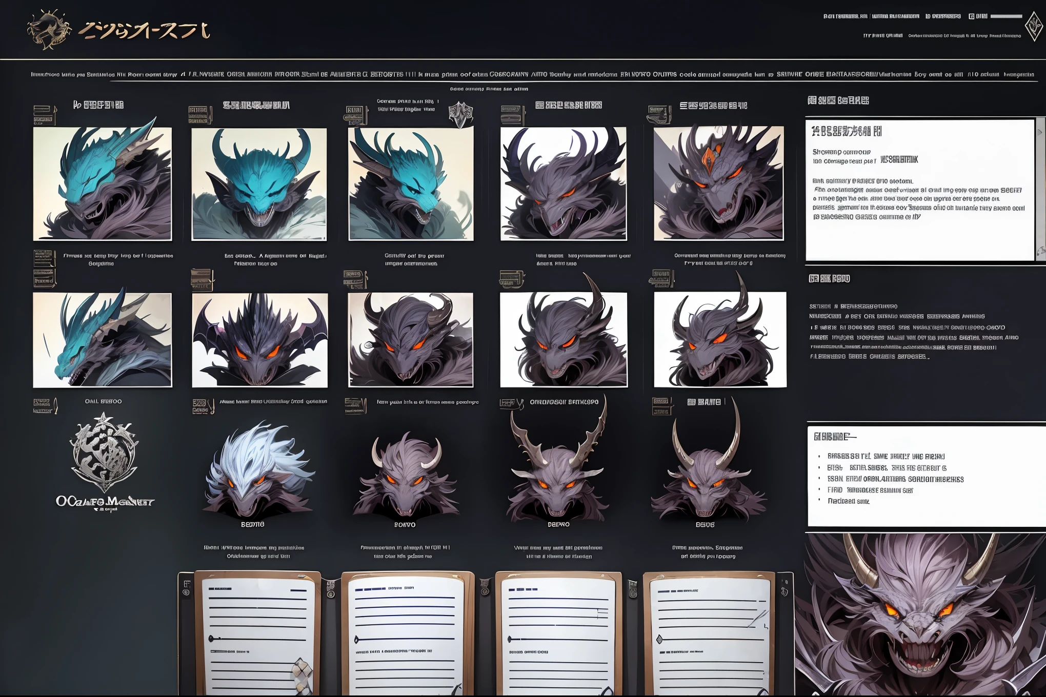 (highest quality、4k、8k、High resolution、masterpiece: 1.2)、Super detailed、real、photorealistic、(((fantasy monster character design sheet)))、An illustration、(((character design sheet, Detailed creature description)))、Full body diagram and detailed explanation of each part:1.2, creative design、mythical creature design、unique creatures、impressive 、big threat claw、intense growling expression、shining eyes、sharp pointed teeth、huge wingajestic horns、scaly skin、Dark and mysterious atmosphere、fantastic elements、Bright colors、Perfectly balanced composition。