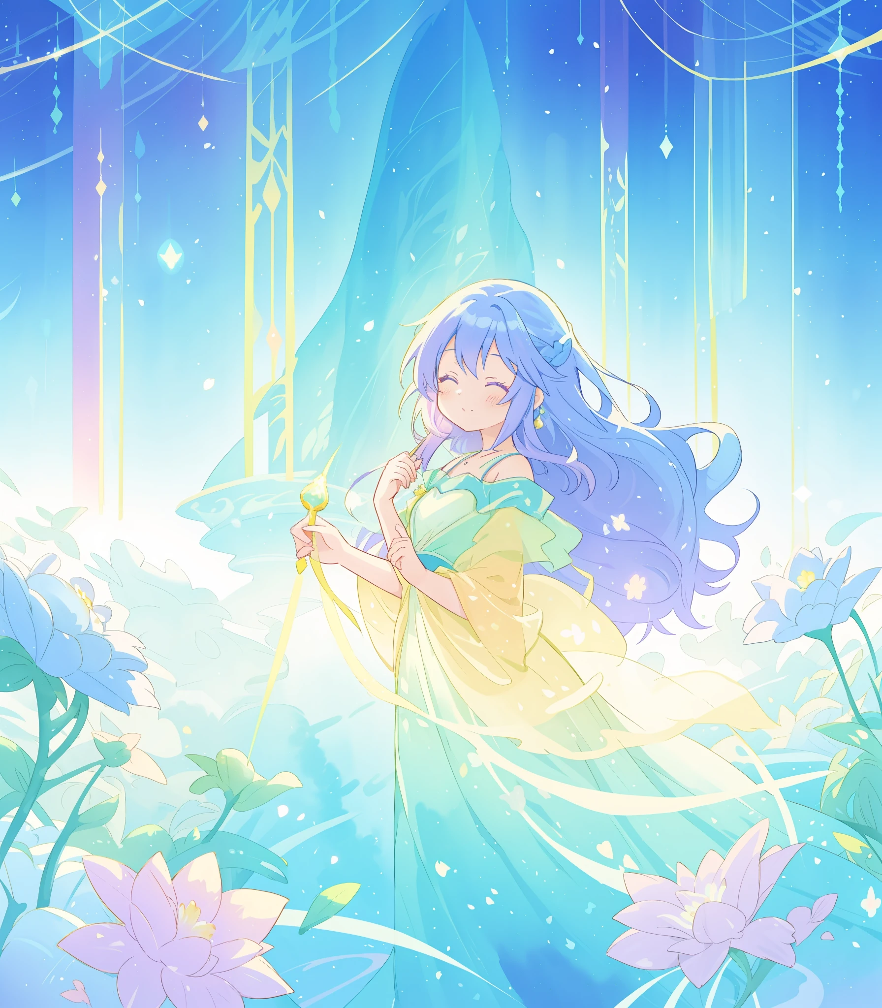 beautiful girl in yellow mint gradient layered fantasy dress, long flowing blue purple hair, colorful fantasia background, watercolor illustration, disney art style, glowing aura around her, glowing lights, beautiful digital illustration, fantasia otherworldly landscape plants flowers, beautiful, masterpiece, best quality, anime disney style