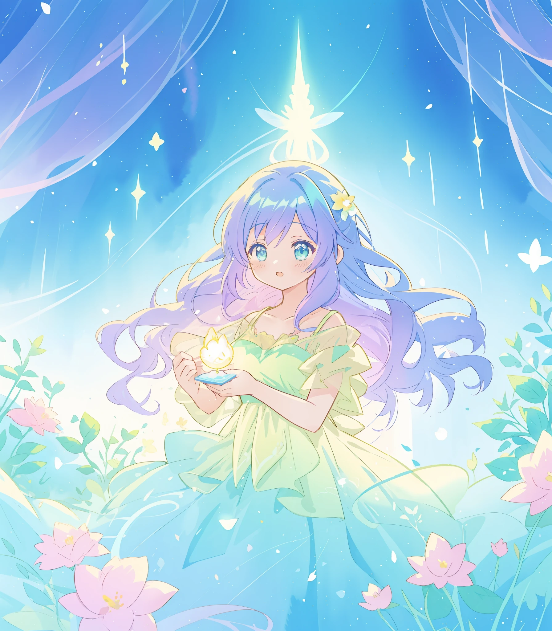 beautiful girl in yellow mint gradient layered fantasy dress, long flowing blue purple hair, colorful fantasia background, watercolor illustration, disney art style, glowing aura around her, glowing lights, beautiful digital illustration, fantasia otherworldly landscape plants flowers, beautiful, masterpiece, best quality, anime disney style