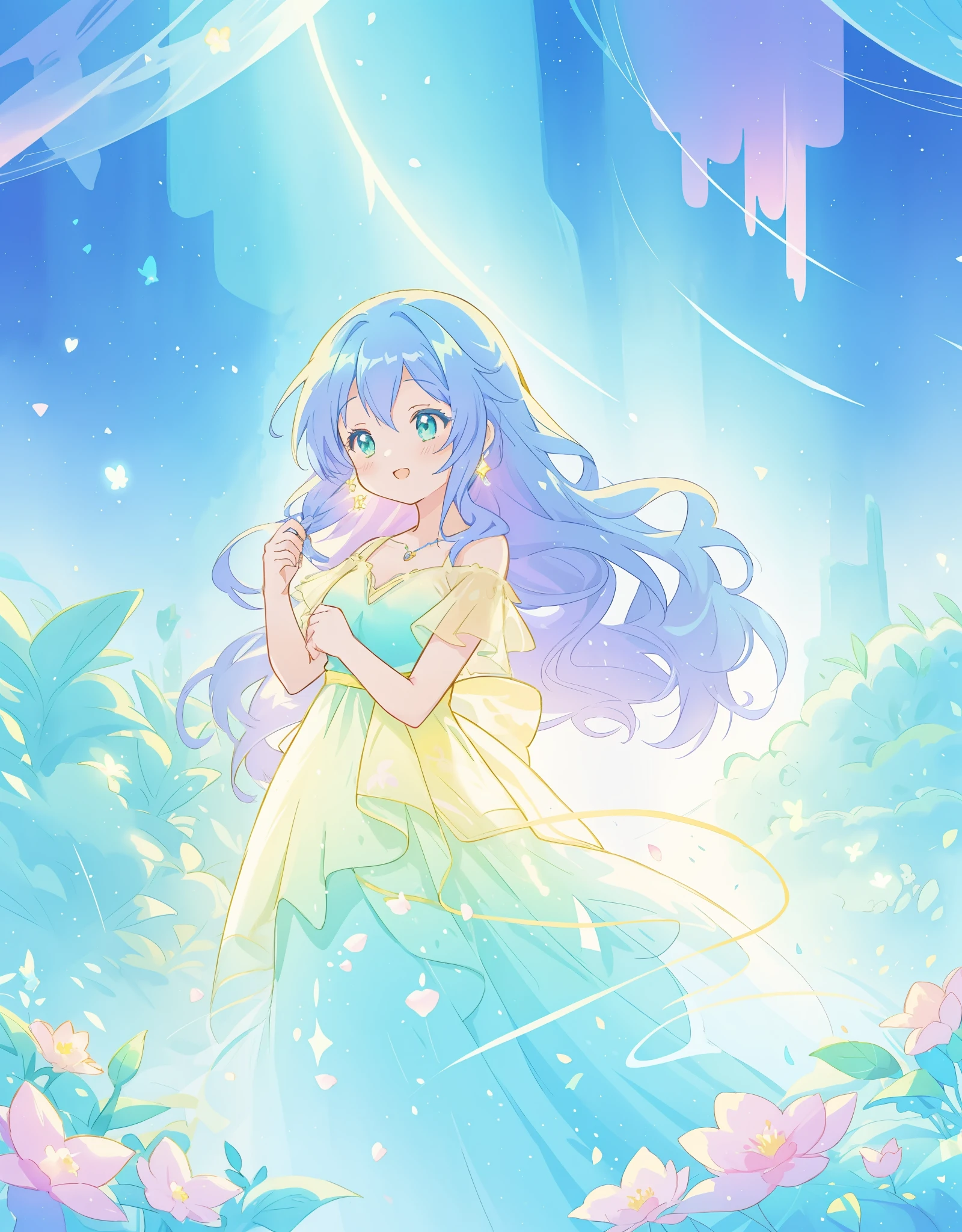 beautiful girl in yellow mint gradient layered fantasy dress, long flowing blue purple hair, colorful fantasia background, watercolor illustration, disney art style, glowing aura around her, glowing lights, beautiful digital illustration, fantasia otherworldly landscape plants flowers, beautiful, masterpiece, best quality, anime disney style