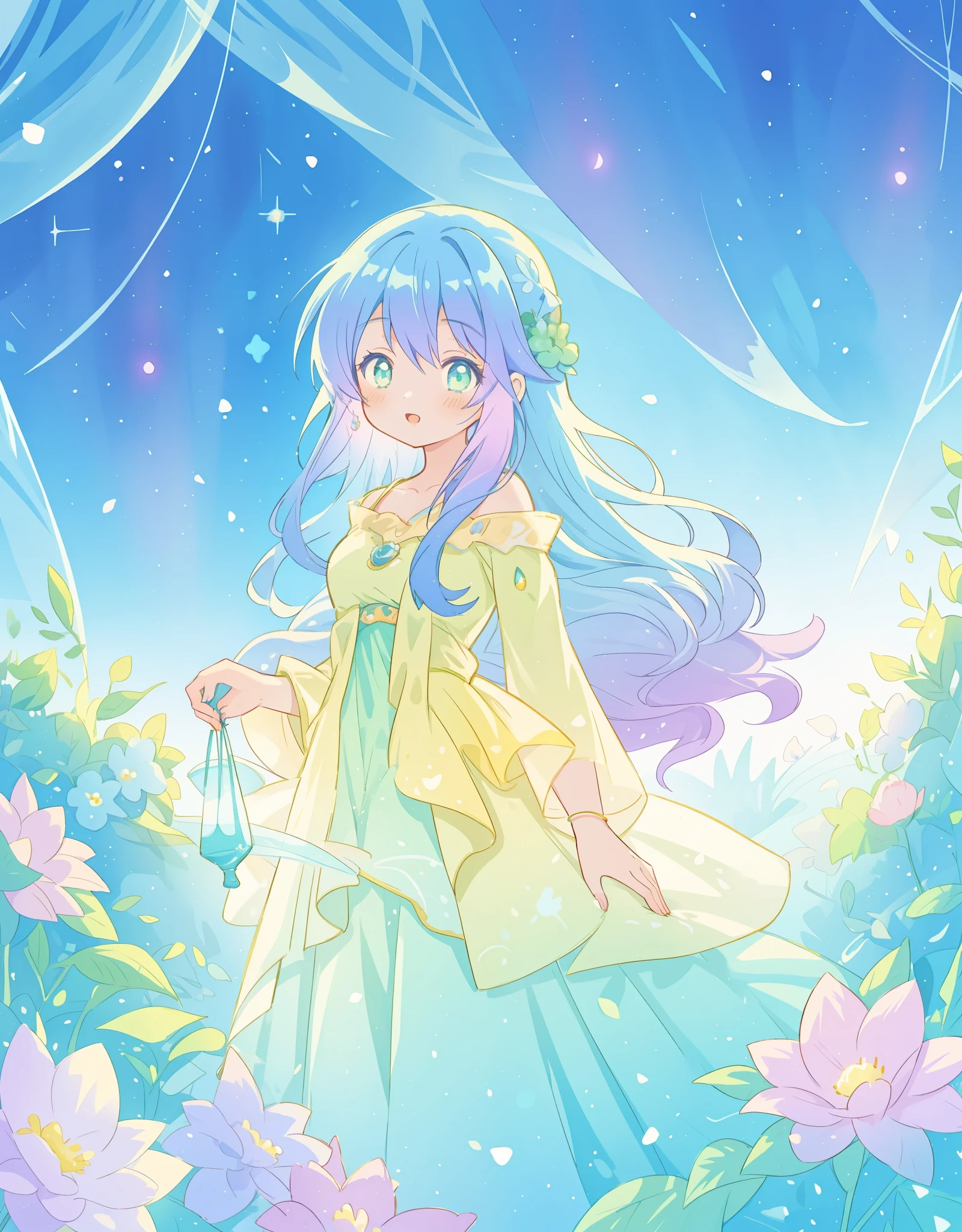 beautiful girl in yellow mint gradient layered fantasy dress, long flowing blue purple hair, colorful fantasia background, watercolor illustration, disney art style, glowing aura around her, glowing lights, beautiful digital illustration, fantasia otherworldly landscape plants flowers, beautiful, masterpiece, best quality, anime disney style