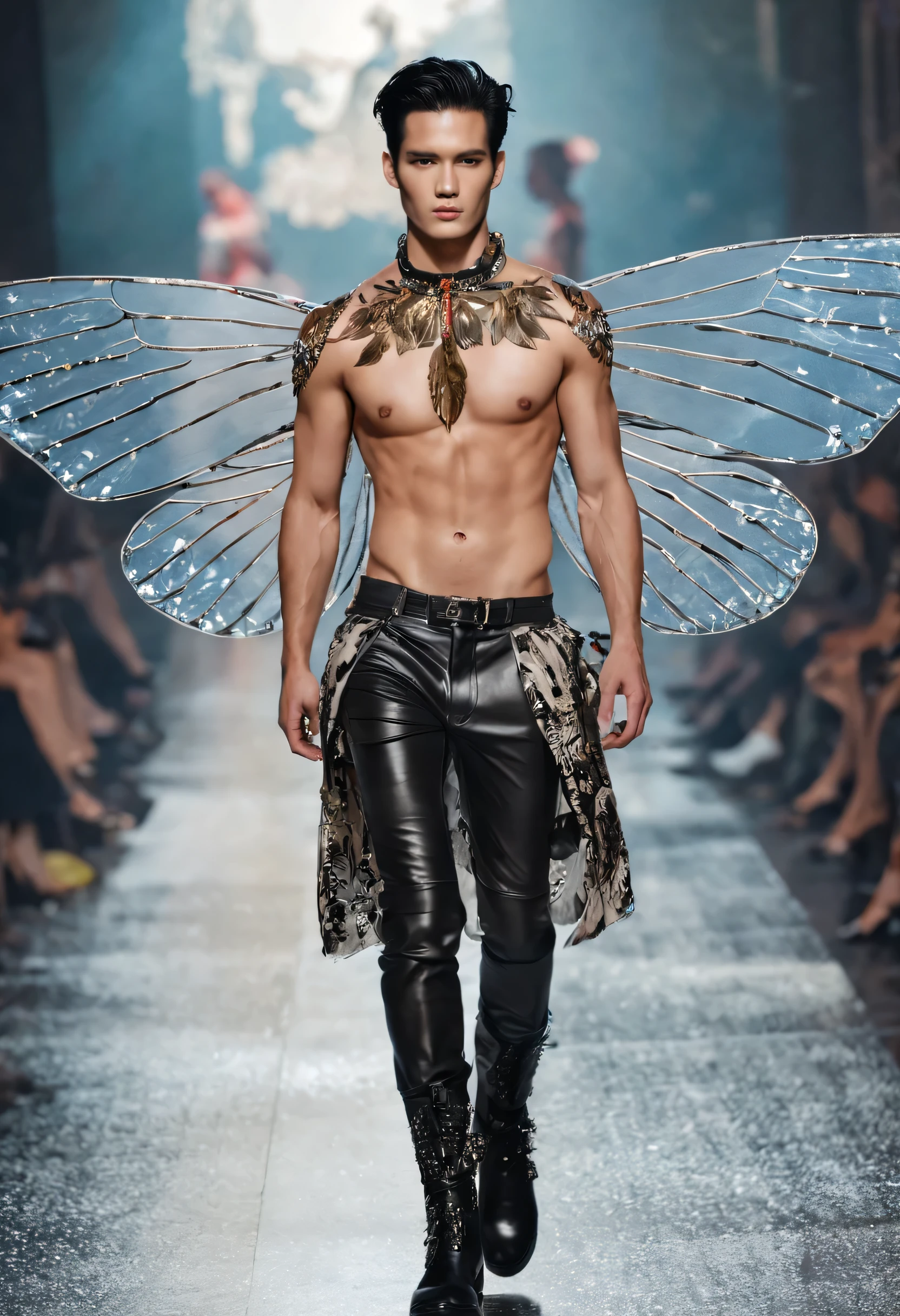 Delphine Enjolras (Delphine Enjolras) style,,Scene design,(whole body),(Topless:0.85) ,(時尚维多利亚的秘密内衣Fashion show scene:1.3),Sad handsome male model,Carrying large plastic clear butterfly wings,shorts,Typical Victoria's Secret Fashion Show Elements,(bronze skin),The bridge of his nose is high and straight,tight leather pants,boots,shorts,The title is mainly black and white,Exaggerated feather accessories,Complemented by bold red,Steady yet a little exaggerated。Unique rivets and holes,Exaggerated interpretation of punk elements,Supermodel's quirky sexy expression,Extremely。Supplemented by exotic elements,bold and bright colors,full of charm。Elegant pleated elements,It is the biggest highlight of underwear。It is mainly based on the passionate ethnic style elements.,Quite a fiery and unrestrained feeling,the sad prince tender melancholy,tall and fit.,Physically strong,toned muscles,Fresh and toned abs, Exquisite facial features,King style, Slim stretch,look up,(Main color is blue:0.8),Gothic,background:T stage,Fashion show scene,赛博朋克Gothic美学,lace,electric wire,精致shorts,dense teeth,Tulle flight,