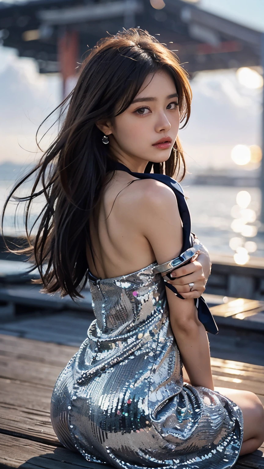 Masterpiece, 4K, bokeh, Photorealistic, high school girl sitting on the beach, (Japanese idle:1.6), Lightbrown long hair, Light brown eyes, Plump breast, Looking at the viewer, Blushed face, Close up, (Silver metallic dress), (Gemstones decoration:1.2, Colorful Gemstones:1.2), (Dress embellished, Sequins), sunset seashore, Beautiful sky and clouds,