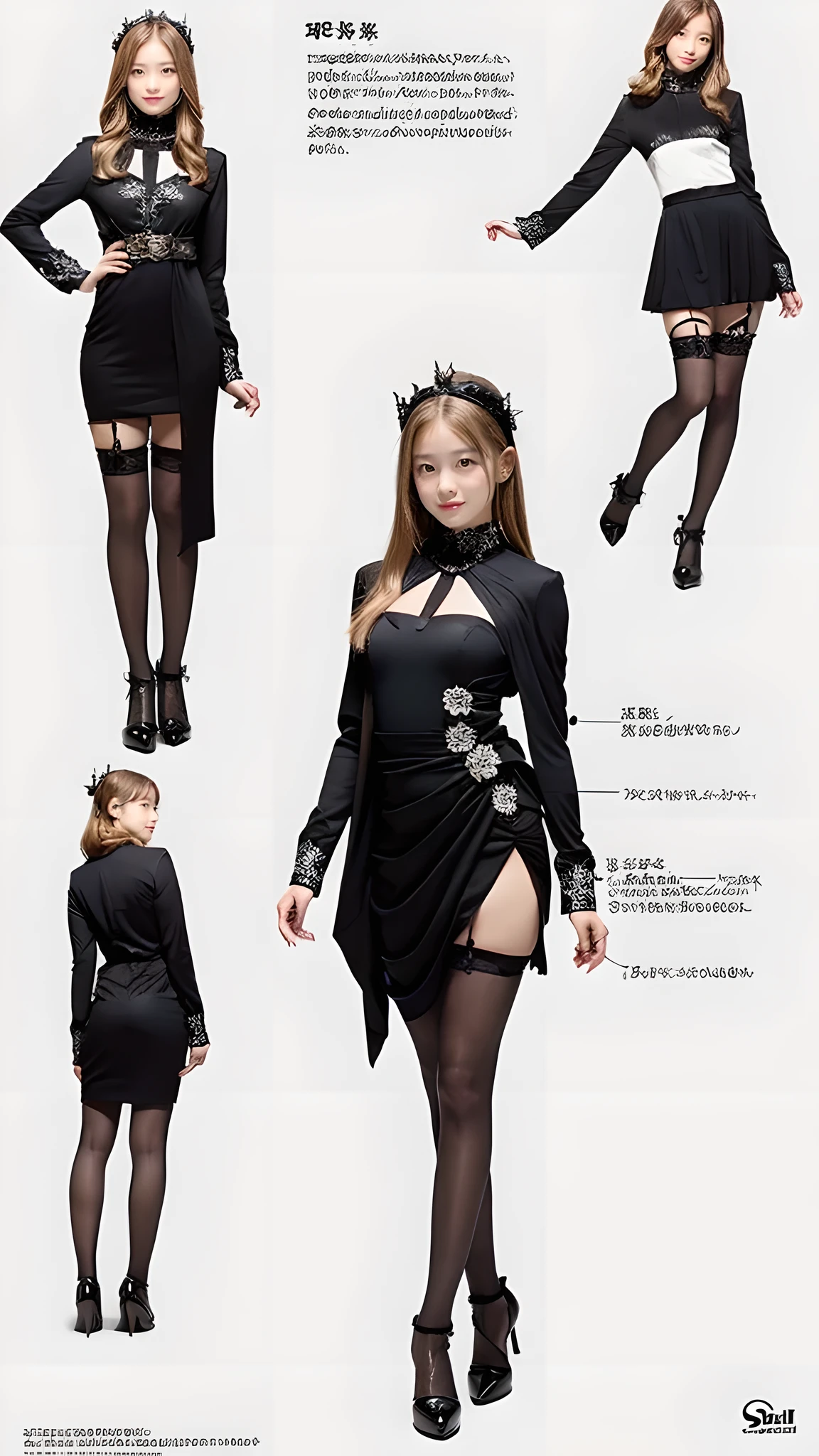 ((masterpiece)), (highest quality))), (character design sheet, National costume, same character, front, ~ ~ side, return), shape, 1 girl, whole body, silver hair, eyes hair, beautiful eyes, princess cut, Site of environmental change, short skirt, Shyness, woman, girl, Are standing, Gothic Lolita, V tuber, Shartan Betalola, (simple returnground, white returnground: 1.3) ( masterpiece:1.2), (highest quality:1.3)