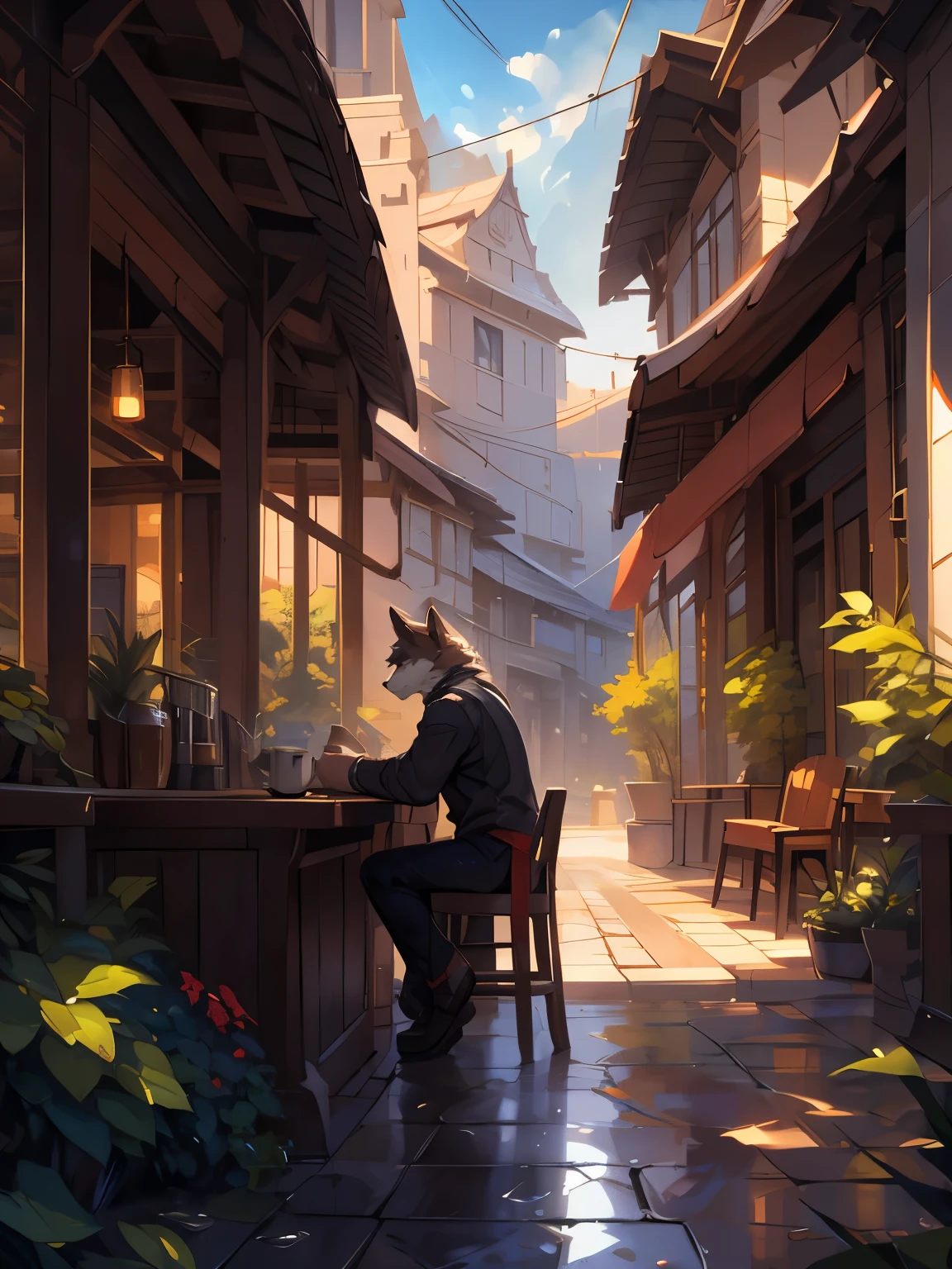 4k, 8k, high resolution, best quality, perfect colors, perfect shadows, perfect lighting, posted on e621, (by Chunie, by canyne khai, by t.y.starale), male, furry, anthro Wolf, rain, (Realistic eye details 1.3), armed,sad expression,white wolf, night, handsome, sitting,coffee,coffee shop, Realistic background, masterpiece, dramatic lighting, soft lighting, day, highly detail, Hair coiled, casual clothes, Detailed fur, Detailed face, Perfect face, Detailed background, (Complex), (Super Detail), (Ultra Clear), (Best Quality)