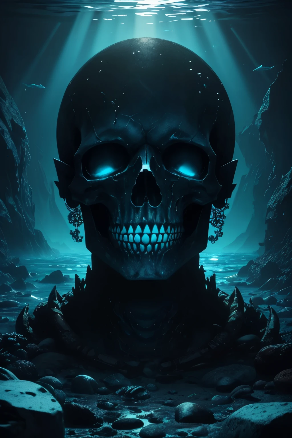 A hauntingly beautiful digital art piece showcasing the depths of the ocean, where skulls lie scattered on the seabed. The scene is rendered in a photoshop style, with rich, vibrant blue hues and high contrast that bring out the intricate details of the skulls. The illumination of the skulls by the sunbeams filtering through the water adds a surreal touch to the image. The artistry exhibition of this masterpiece can be found on platforms like ArtStation, DeviantArt, Dribble, and RedBubble with sharp focus, seamless texture, and stunning, hyper-detailed rendering. --s2