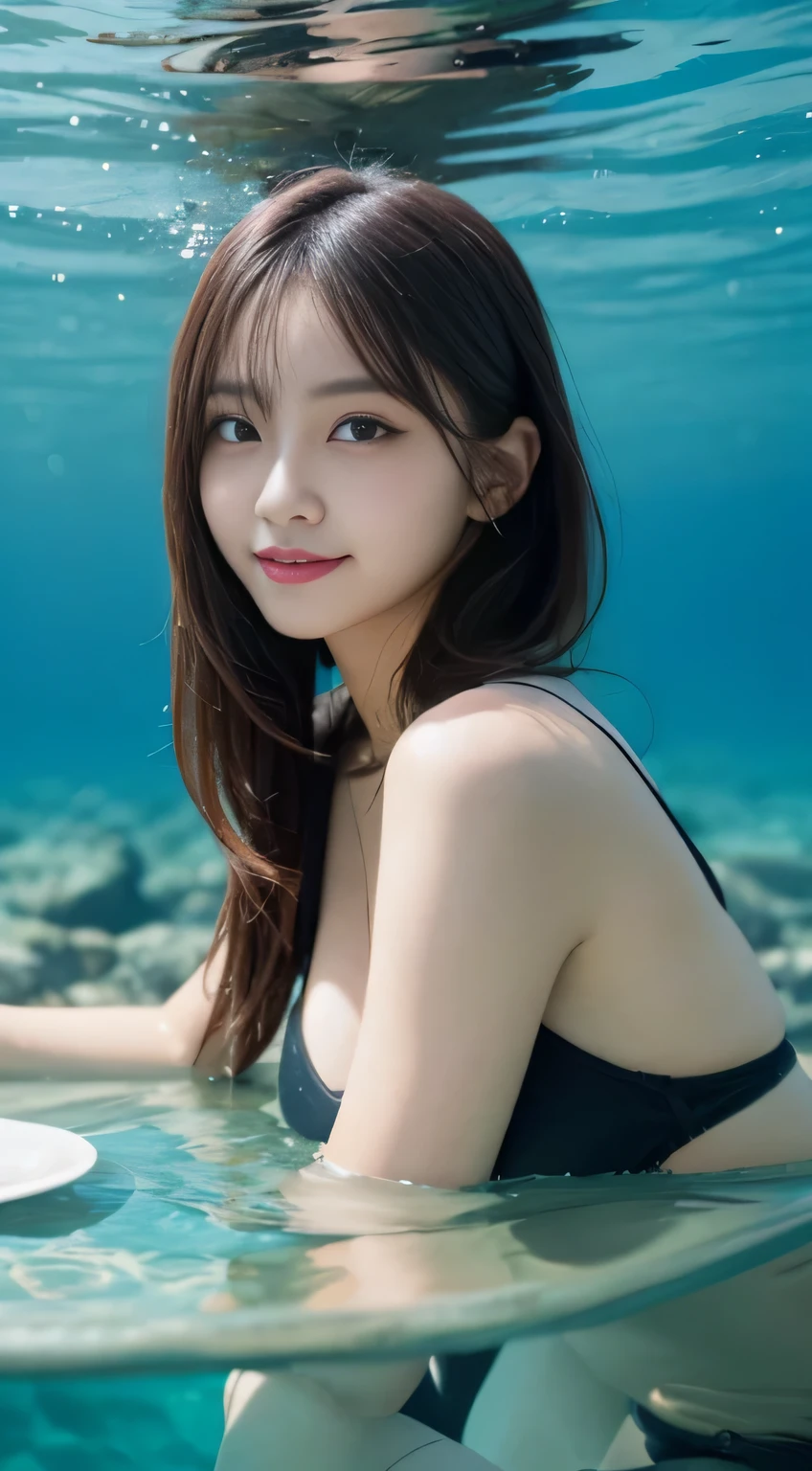 table top, highest quality, shape, Super detailed, finely, High resolution, 8k wallpaper, 完璧なダイナミックな構shape, finelyて美しい目, medium hair,,natural color lip, bold sexy pose,smile,mansion(room,but)、20 year old girl、cute、sexy shot looking at camera,、shark underwater