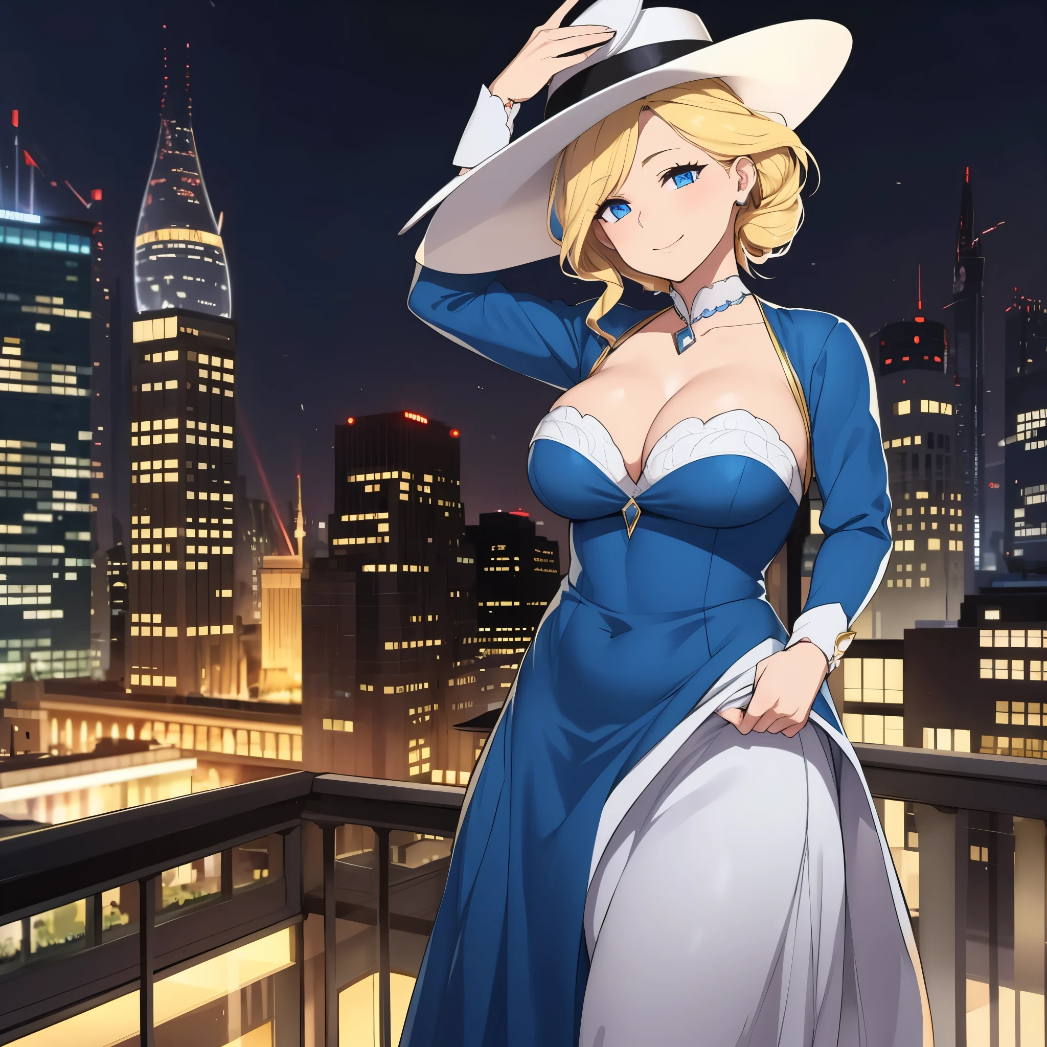 a woman in the city of London, in a blue dress, wearing a white lady's hat, blue eyes, blonde hair, smiling