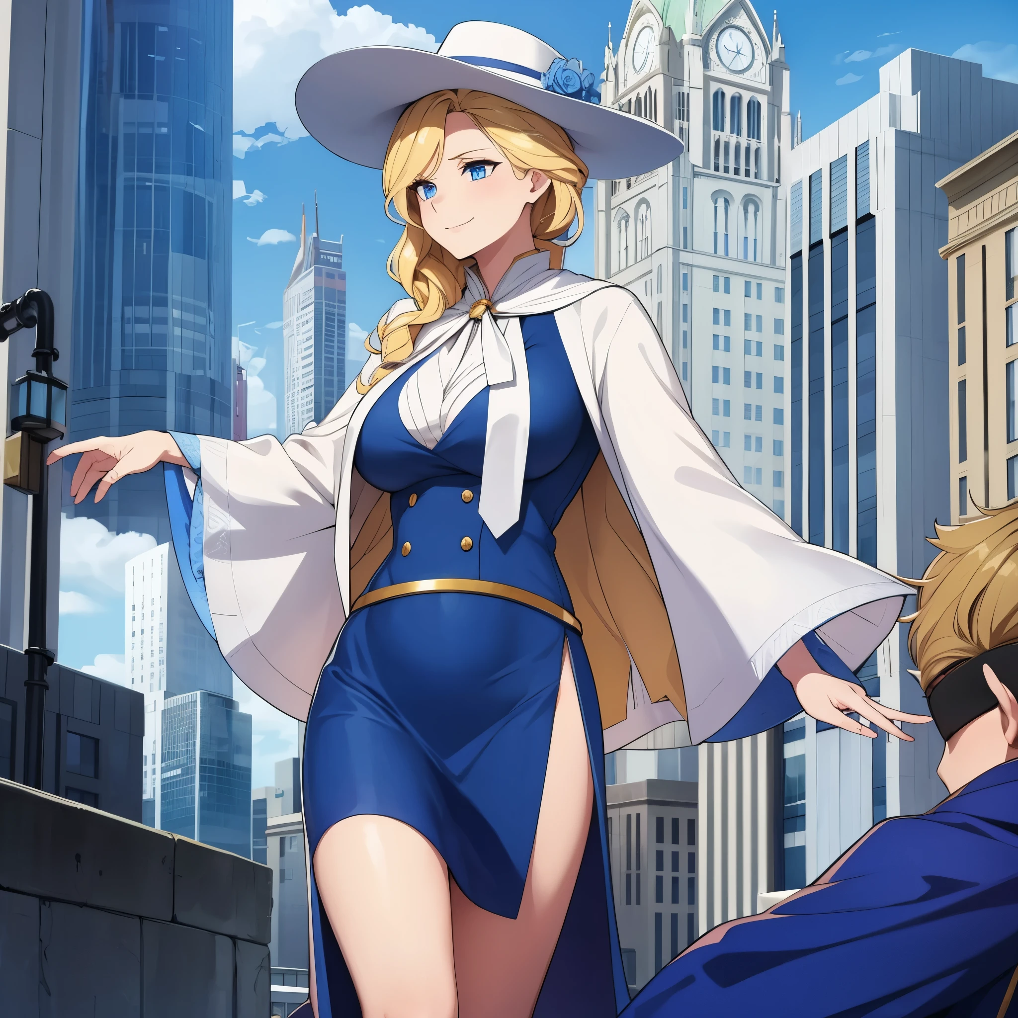 a woman in the city of London, in a blue dress, wearing a white lady's hat, blue eyes, blonde hair, smiling