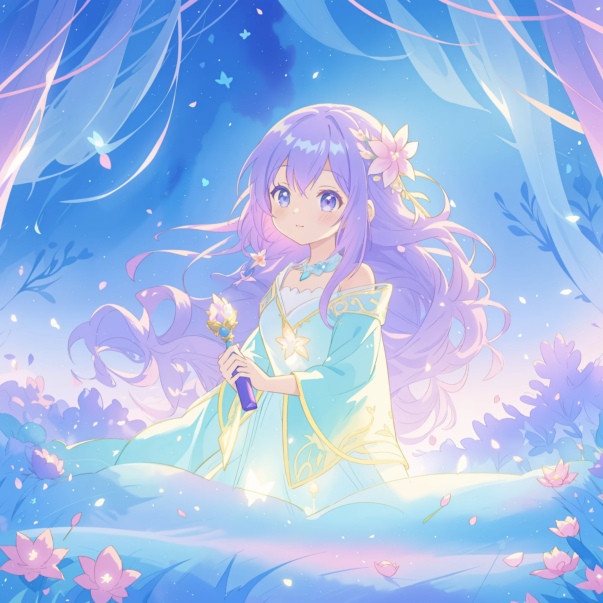 beautiful girl in gradient layered fantasy dress, long flowing blue purple hair, colorful fantasia background, watercolor illustration, disney art style, glowing aura around her, glowing lights, beautiful digital illustration, fantasia otherworldly landscape plants flowers, beautiful, masterpiece, best quality, anime disney style