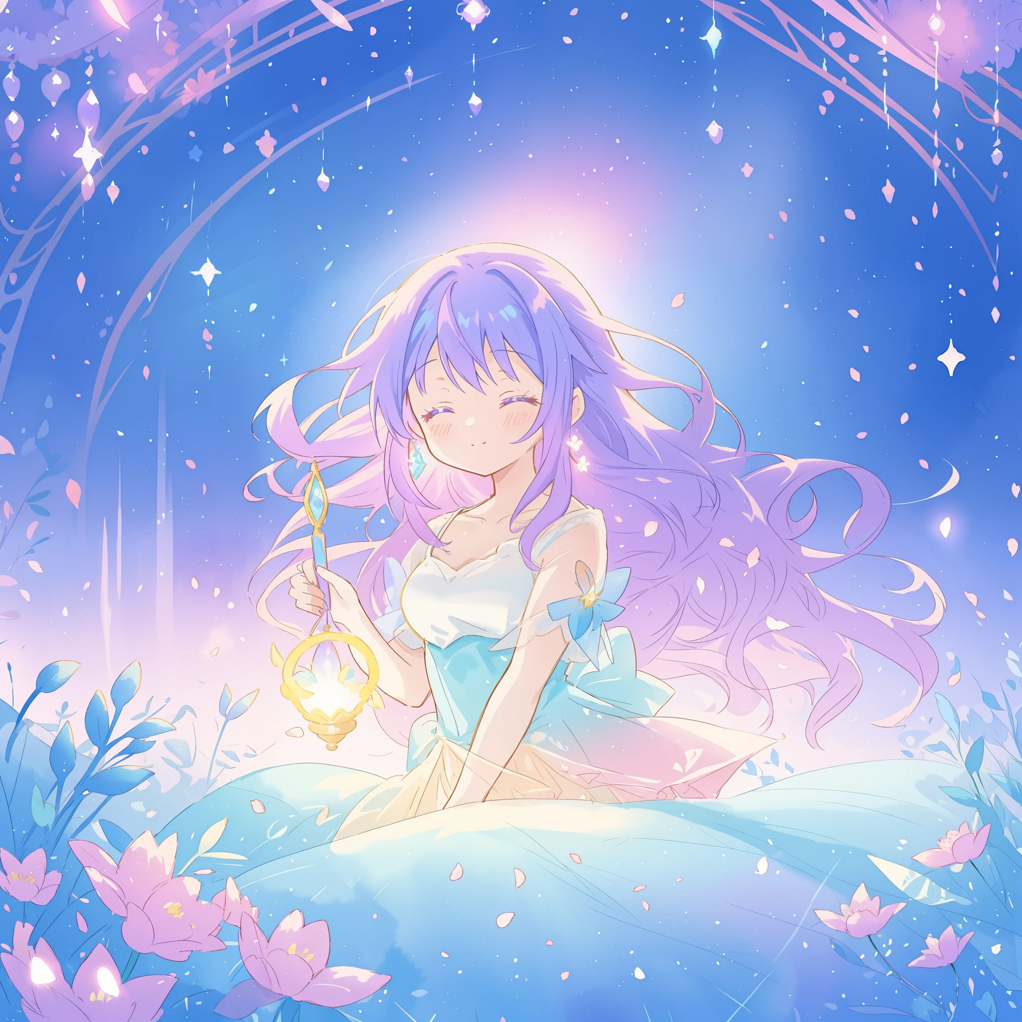 beautiful girl in gradient layered fantasy dress, long flowing blue purple hair, colorful fantasia background, watercolor illustration, disney art style, glowing aura around her, glowing lights, beautiful digital illustration, fantasia otherworldly landscape plants flowers, beautiful, masterpiece, best quality, anime disney style