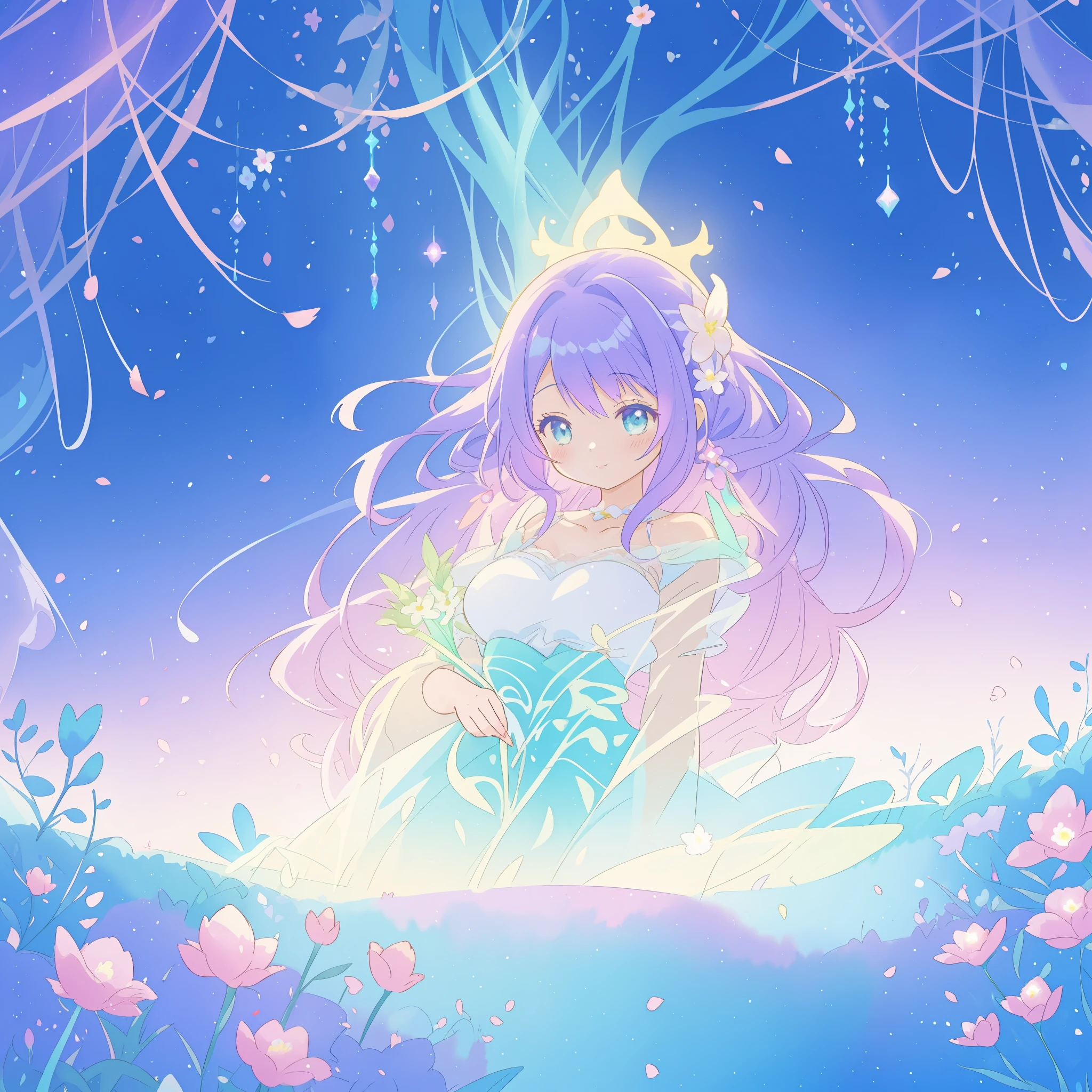 beautiful girl in gradient layered fantasy dress, long flowing blue purple hair, colorful fantasia background, watercolor illustration, disney art style, glowing aura around her, glowing lights, beautiful digital illustration, fantasia otherworldly landscape plants flowers, beautiful, masterpiece, best quality, anime disney style