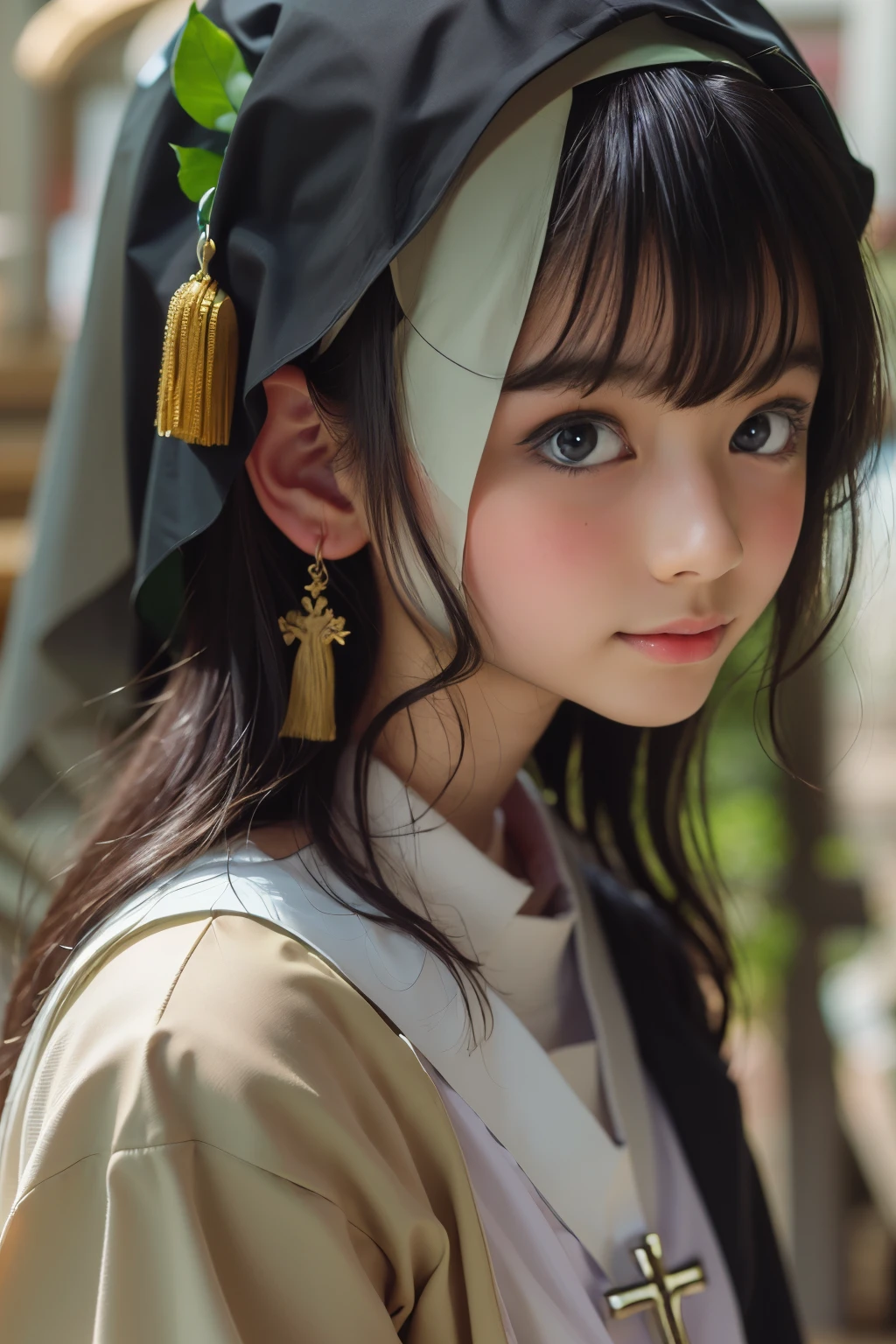 Ultra High Resolution, (Realistic: 1.4), RAW Photo, Best Quality, (Photorealistic), Focus, Soft Light, ((15 years old)), ((Japanese)), (Front, Young Face))), (Depth of Field), (One Piece), Masterpiece, (Photoreal), Woman, Bangs, ((long hair, nun, priest, 1 Girl))