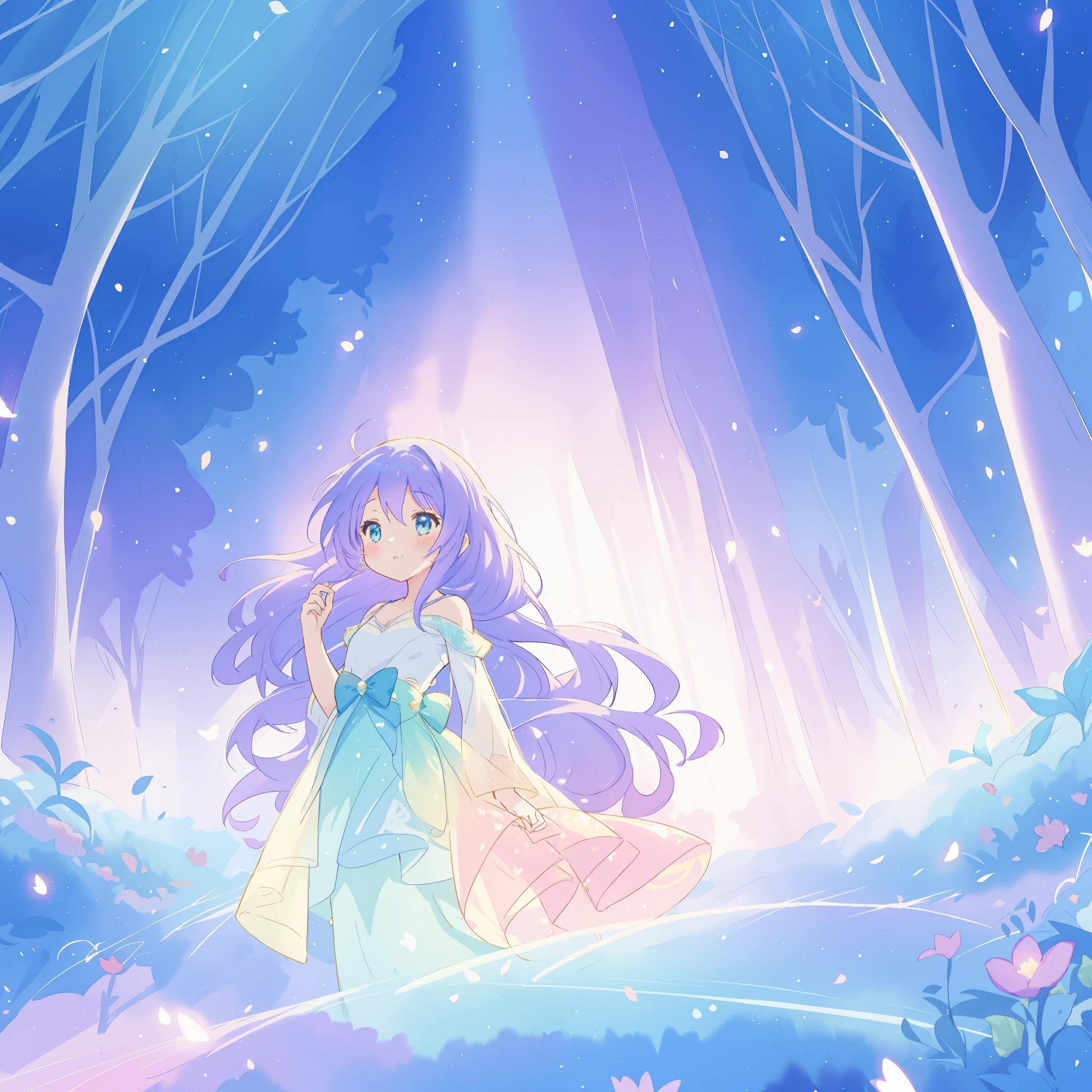 beautiful girl in gradient layered fantasy dress, long flowing blue purple hair, colorful fantasia background, watercolor illustration, disney art style, glowing aura around her, glowing lights, beautiful digital illustration, fantasia otherworldly landscape plants flowers, beautiful, masterpiece, best quality, anime disney style