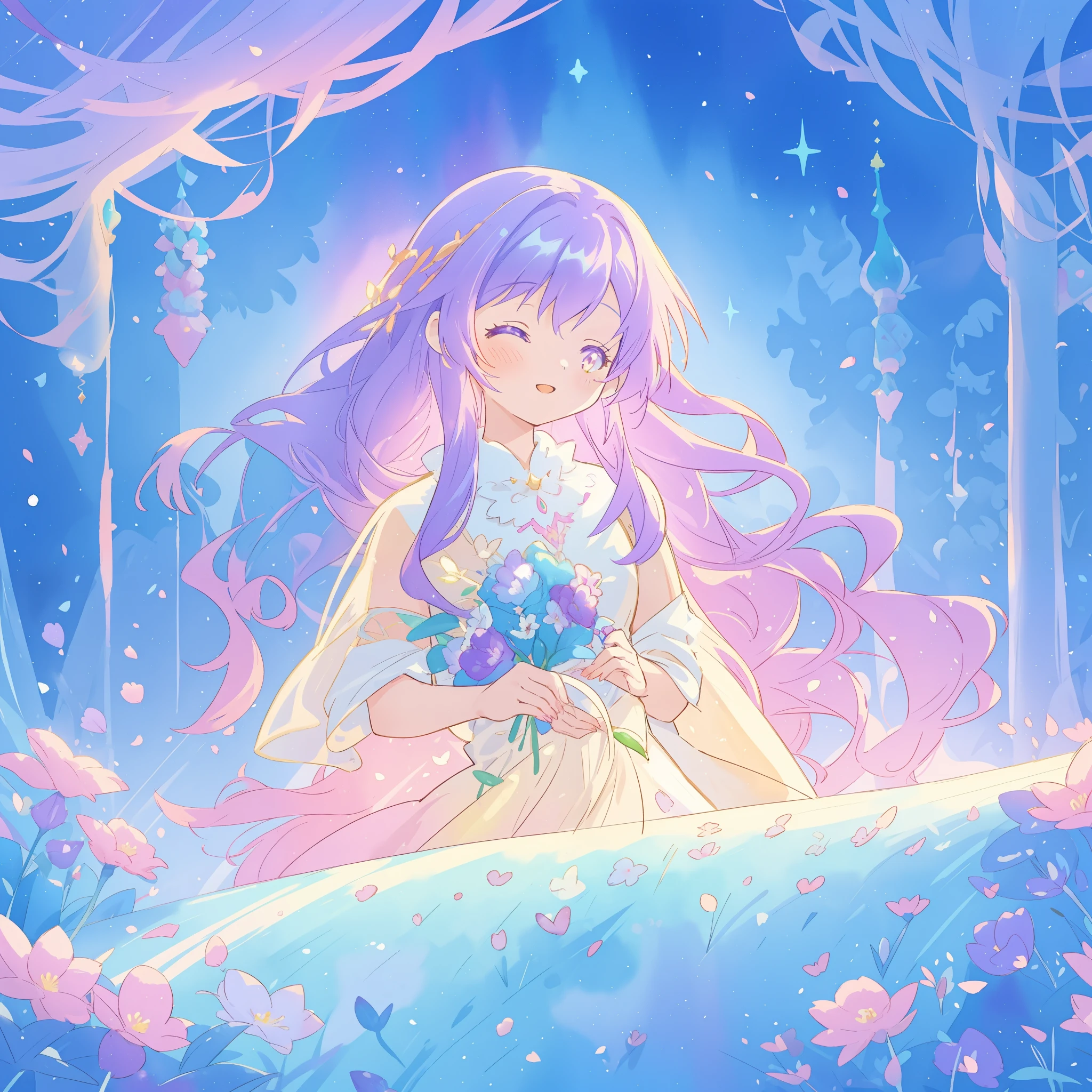 beautiful girl in gradient layered fantasy dress, long flowing blue purple hair, colorful fantasia background, watercolor illustration, disney art style, glowing aura around her, glowing lights, beautiful digital illustration, fantasia otherworldly landscape plants flowers, beautiful, masterpiece, best quality, anime disney style