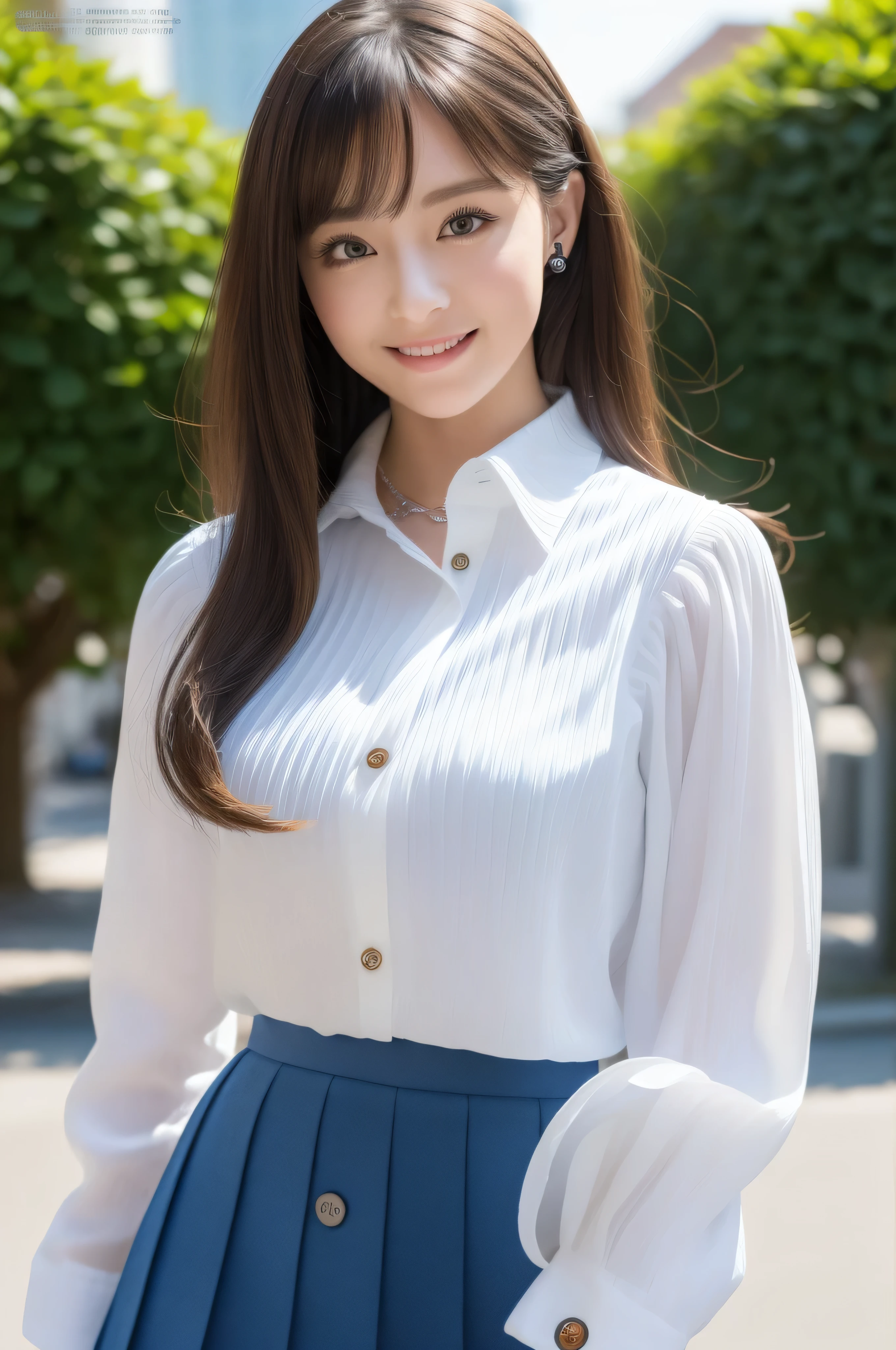 (realistic, photo-realistic:1.37),(8k, RAW photo, best quality, masterpiece:1.2), cute, ultra-detailed,heart-shaped pupils,physically-based rendering, ultra high res, kodakvision color, shot on Arricam LT Camera, bokeh, sharp focus, looking at viewer,photorealistic,realistic, solo, photorealistic, best quality,extremely detailed face,extremely detailed eyes and face, beautiful detailed eyes,absurdres, incredibly absurdres,haunting smile,Messy hair, floating hair,bound waist,fullbody shot、((full figure supermodel standing, entire body in frame))、((white long sleeve button up blouse_Remove up to the second button_blue pleated mini skirt:1.3)),
