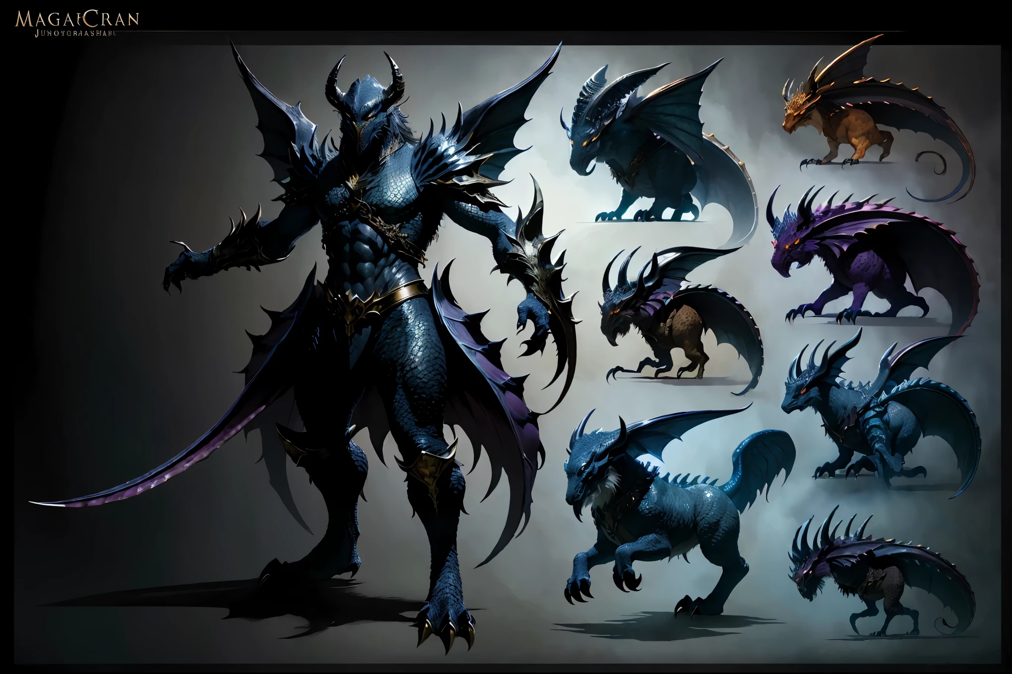 (highest quality、4k、8k、High resolution、masterpiece: 1.2)、Super detailed、real、photorealistic、(((fantasy monster character design sheet)))、An illustration、(((character design sheet, Detailed creature description)))、Full body diagram and detailed explanation of each part:1.2, creative design、mythical creature design、unique creatures、impressive anatomy、big threat claw、intense growling expression、shining eyes、sharp pointed teeth、huge wingajestic horns、scaly skin、Dark and mysterious atmosphere、fantastic elements、Bright colors、Perfectly balanced composition。