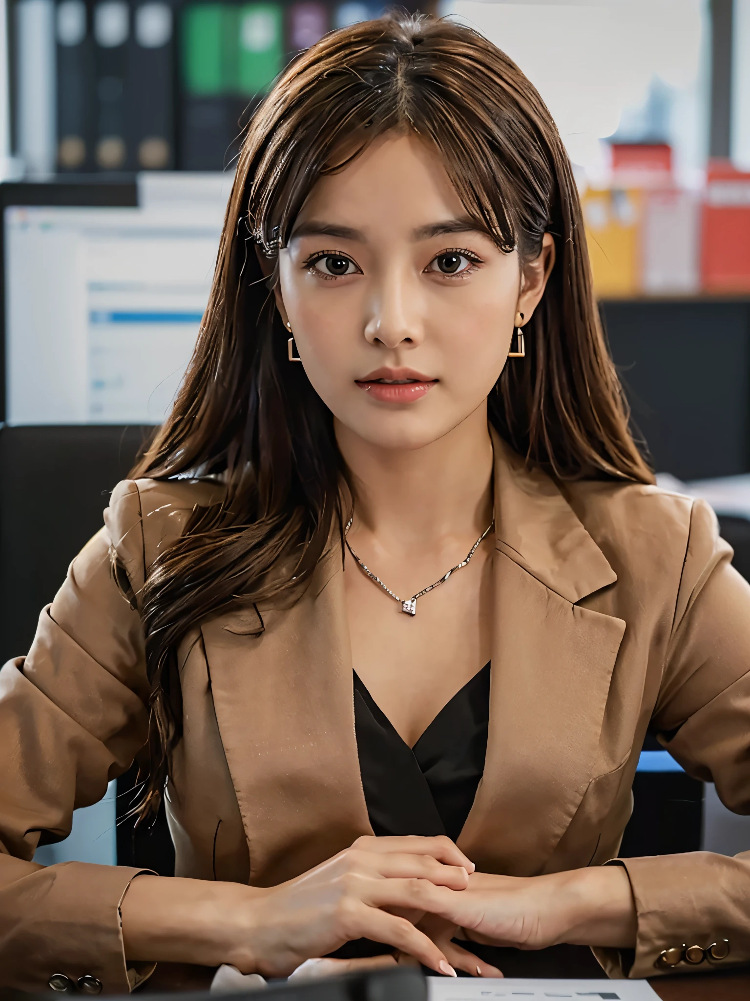 ((Office Scene, Realistic Light, Best Quality, 8K, Masterpiece: 1.3)), 1 Girl, Slim Body Beauty: 1.4, (Brown Hair, glossy cheek: 1.3), black blazer: 1.3, laptop, Ultra Detailed Face, Detailed Eyes, Double Eyelids, office,Cleavage