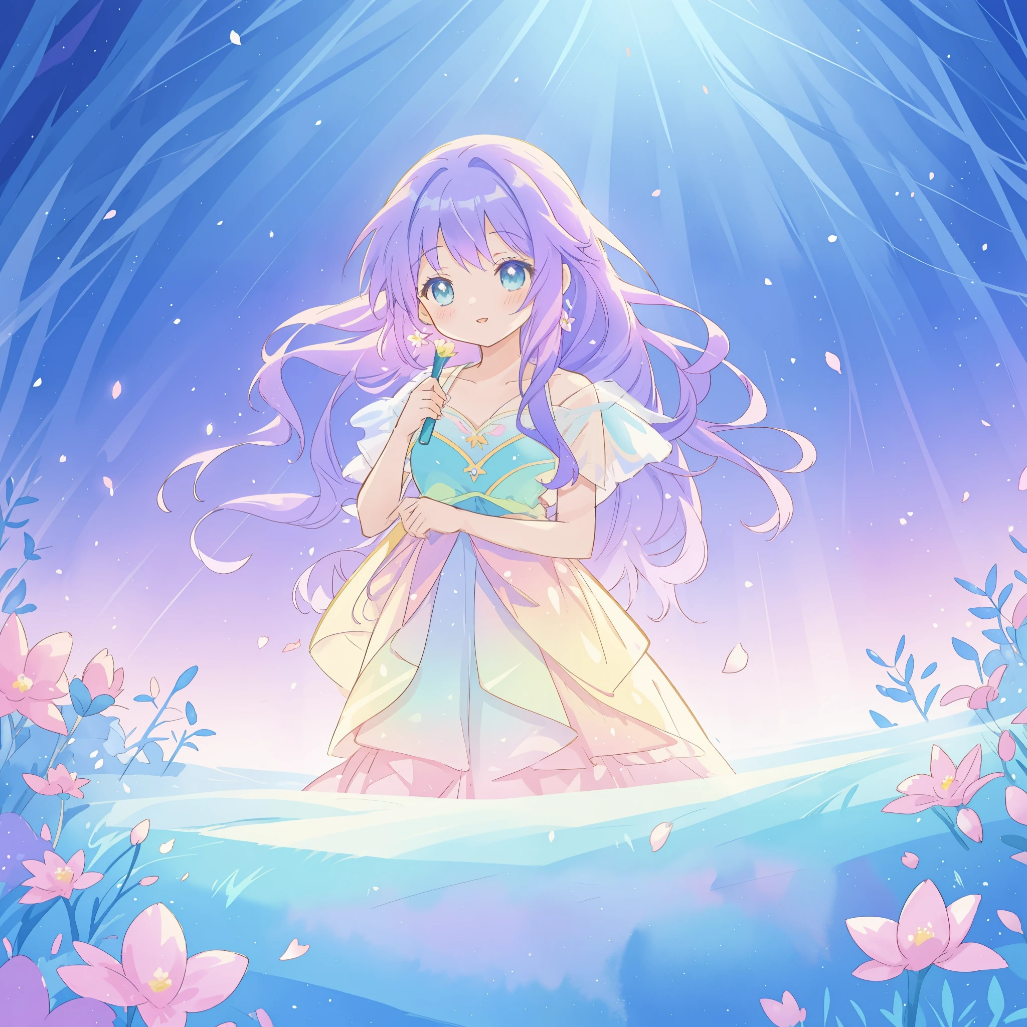 beautiful girl in gradient layered fantasy dress, long flowing blue purple hair, colorful fantasia background, watercolor illustration, disney art style, glowing aura around her, glowing lights, beautiful digital illustration, fantasia otherworldly landscape plants flowers, beautiful, masterpiece, best quality, anime disney style