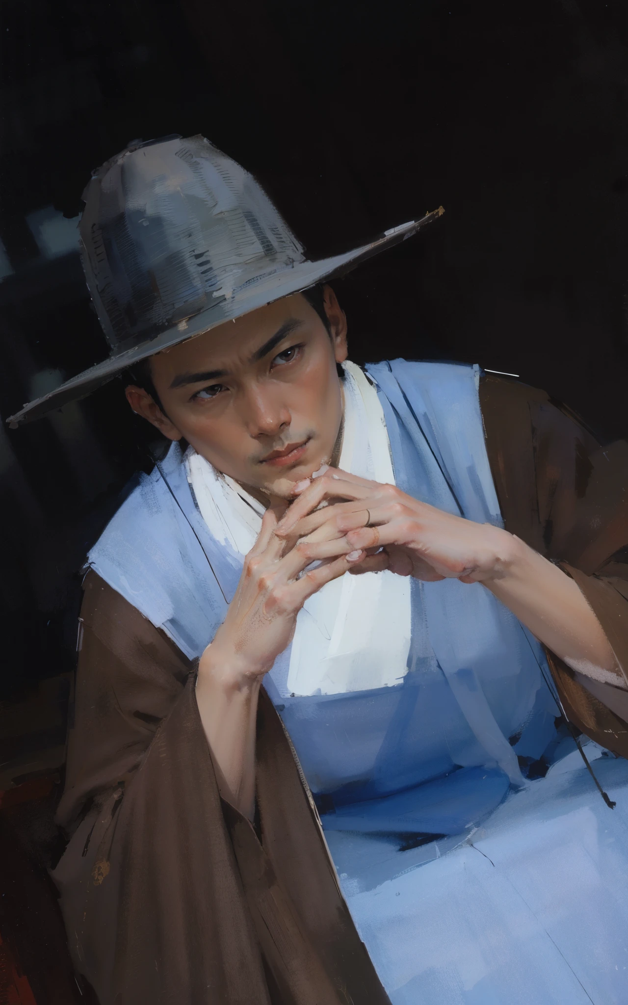 best quality,masterpiece,(painting:1.5),An ancient man from the Ming Dynasty of China,man wearing blue hanfu,fierce的眼神,Stare hard to death,Staring at middle-aged men,Asian,a pair of men's hands,a pair of rough hands,A man's palm,General,sharp eyes eyes and,husband wearing blue clothes,wearing a hat,sit on bench, Inspired by Shin Saimdang, traditional clothing, traditional clothing, Hanbok, noble clothing, korean Hanbok, aristocratic appearance, Korean male, Wear period-appropriate clothing, classical robe, precise, Wearing noble robes, Wearing ancient Chinese clothing,Dark brown wide-sleeved Hanfu,firm eyes,fierce,Handsome man,young man,(a detailed painting:0.353),(文艺复兴古典painting风格:0.8)