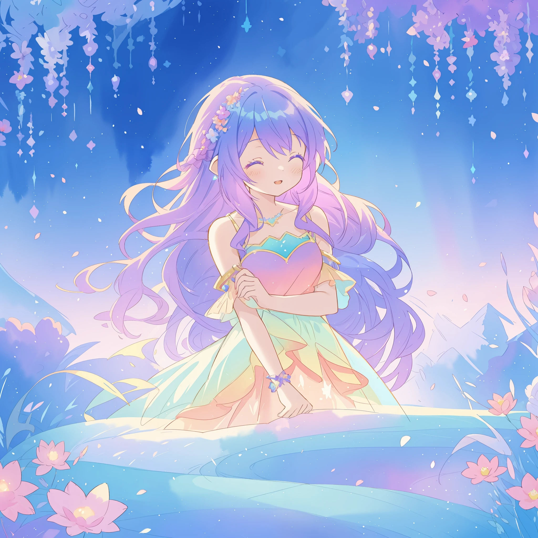 beautiful girl in gradient layered fantasy dress, long flowing blue purple hair, colorful fantasia background, watercolor illustration, disney art style, glowing aura around her, glowing lights, beautiful digital illustration, fantasia otherworldly landscape plants flowers, beautiful, masterpiece, best quality, anime disney style