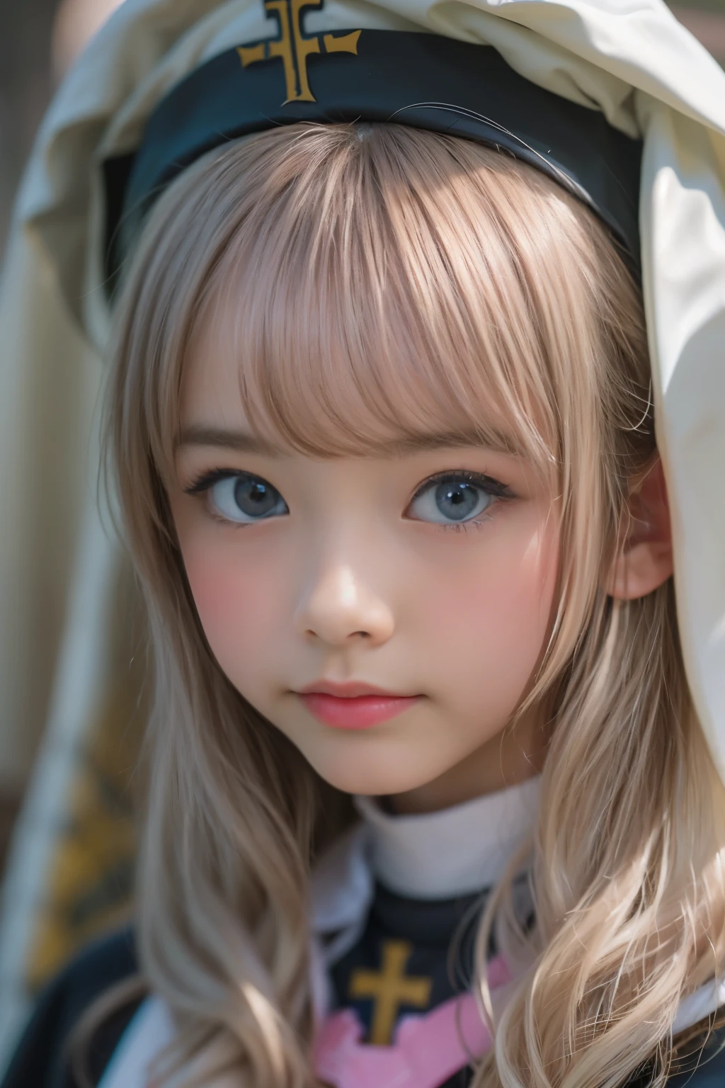 Ultra High Resolution, (Realistic: 1.4), RAW Photo, Best Quality, (Photorealistic), Focus, Soft Light, (()), ((Japanese)), (Front, Young Face))), (Depth of Field), (One Piece), Masterpiece, (Photoreal), Woman, Bangs, ((super shortcuts hair, nun, priest, 1 Girl))