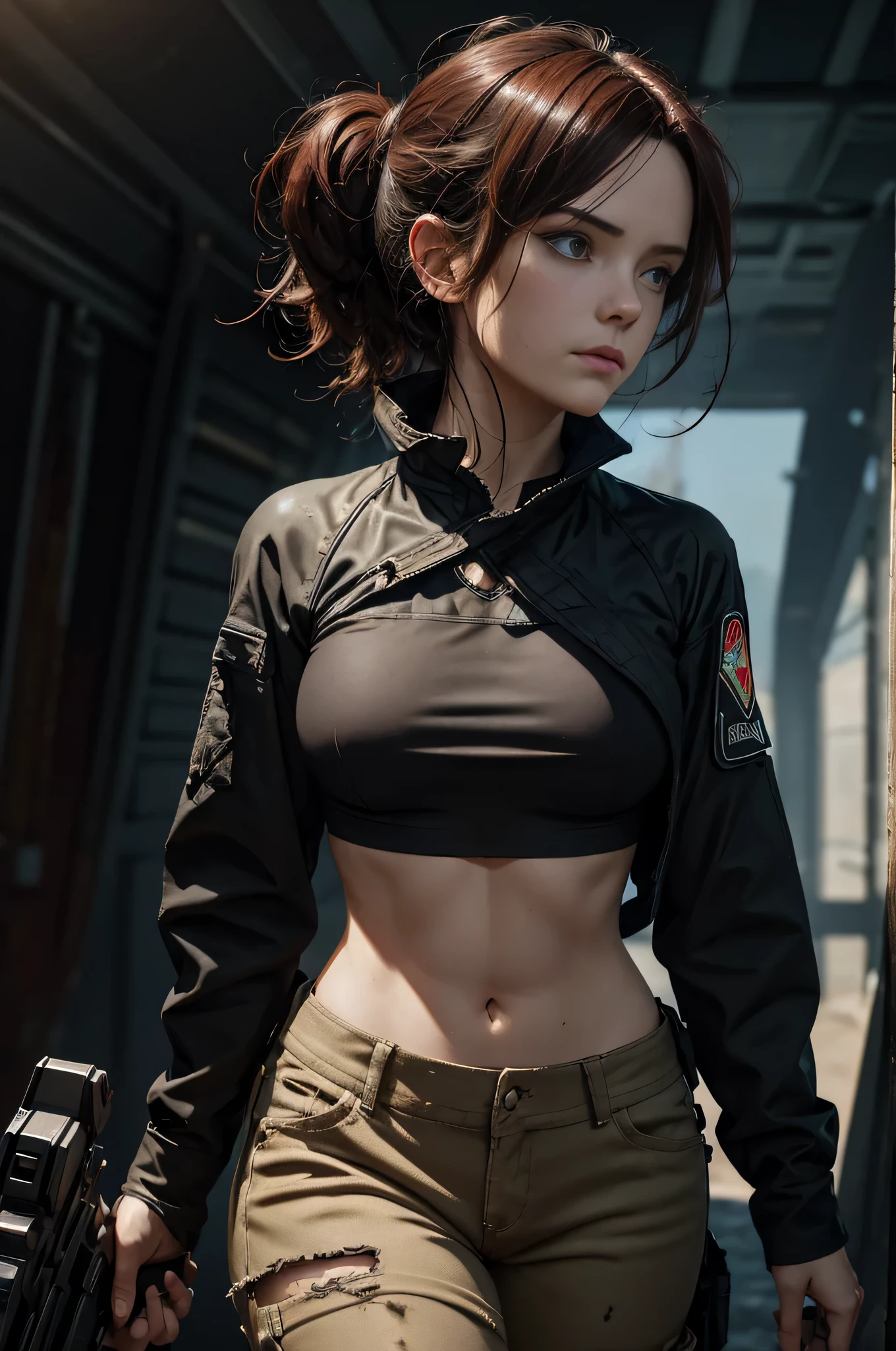 The TIE fighter pilot’s standard black uniform was tattered and covered in mud. Large pieces of fabric had been torn off during the ordeal of traveling here, including her left sleeve, part of the area covering her midriff, and nearly her entire right trouser pant leg. Even her right boot had gone missing, causing the lieutenant to go partially barefoot. Her top was also nearly falling off, exposing her black sports bra underneath. Her dark red hair was similarly disheveled and plastered to her face with days’ old sweat. Worst of all, she had dropped her blaster pistol in a particularly deep bog yesterday, leaving her largely defenseless. digital painting, ArtStation, Concept art, smooth, sharp focus, illustration, Illustration by Wlop, Charlie Bowater and Alexandra Fomina