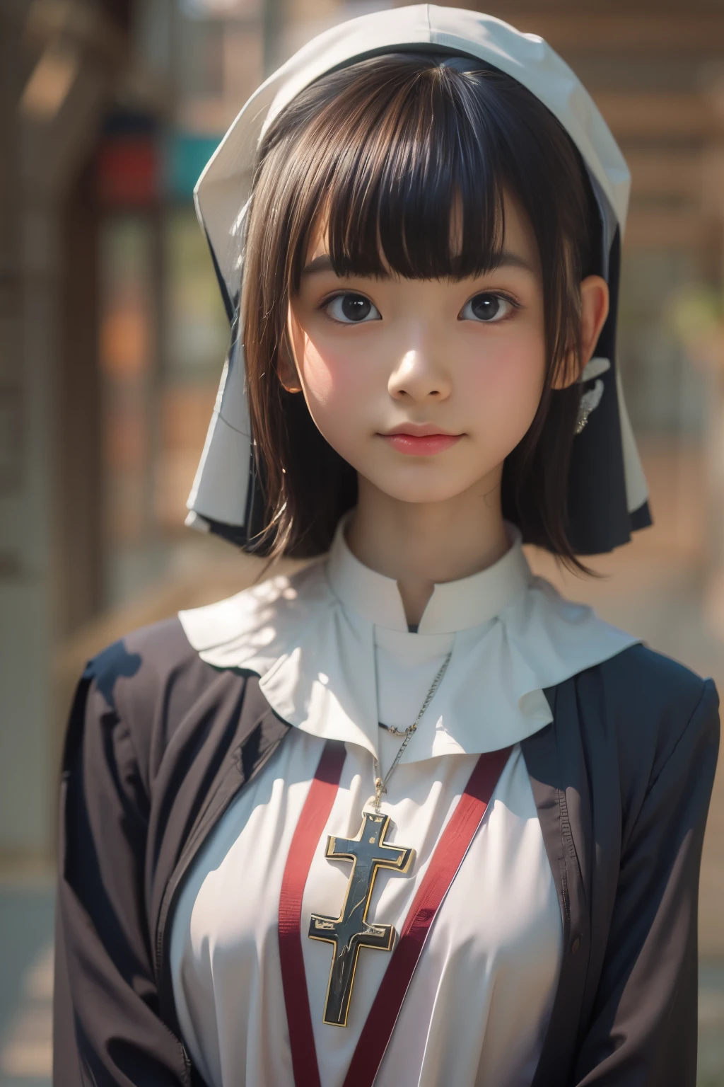 Ultra High Resolution, (Realistic: 1.4), RAW Photo, Best Quality, (Photorealistic), Focus, Soft Light, ((15 years old)), ((Japanese)), (Front, Young Face))), (Depth of Field), (One Piece), Masterpiece, (Photoreal), Woman, Bangs, ((short hair, nun, priest, 1 Girl))