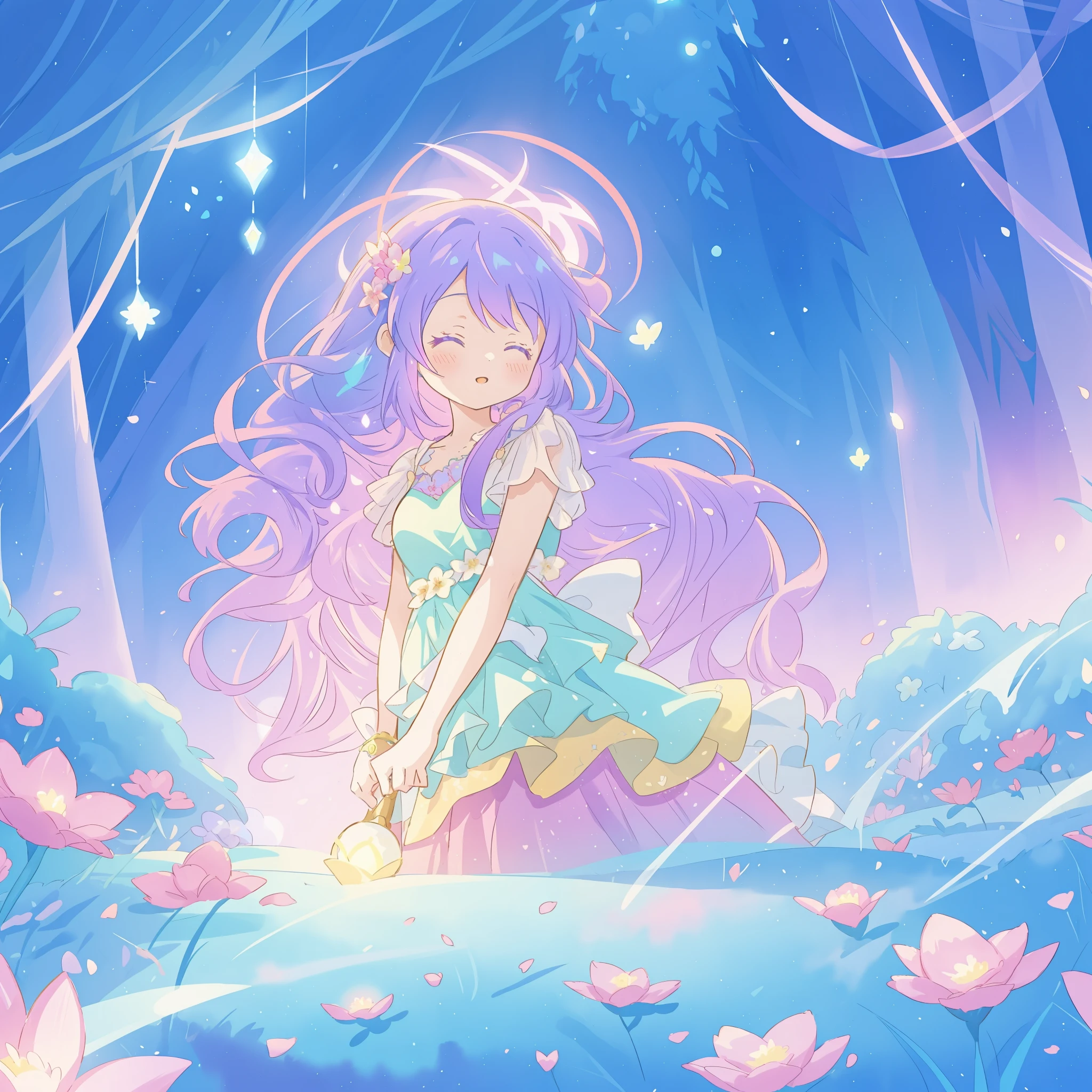 beautiful girl in gradient layered fantasy dress, long flowing blue purple hair, colorful fantasia background, watercolor illustration, disney art style, glowing aura around her, glowing lights, beautiful digital illustration, fantasia otherworldly landscape plants flowers, beautiful, masterpiece, best quality, anime disney style