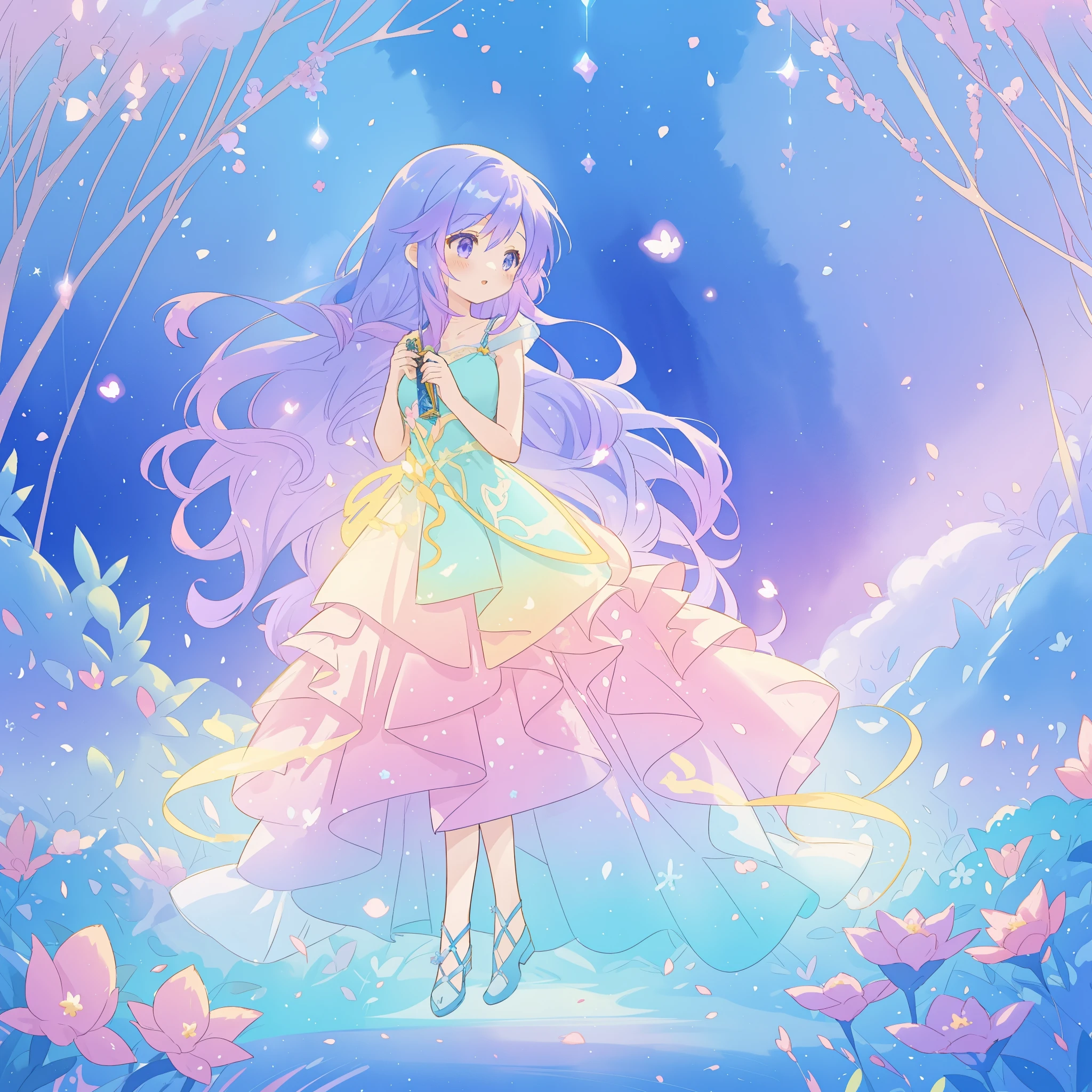 beautiful girl in gradient layered fantasy dress, long flowing blue purple hair, colorful fantasia background, watercolor illustration, disney art style, glowing aura around her, glowing lights, beautiful digital illustration, fantasia otherworldly landscape plants flowers, beautiful, masterpiece, best quality, anime disney style