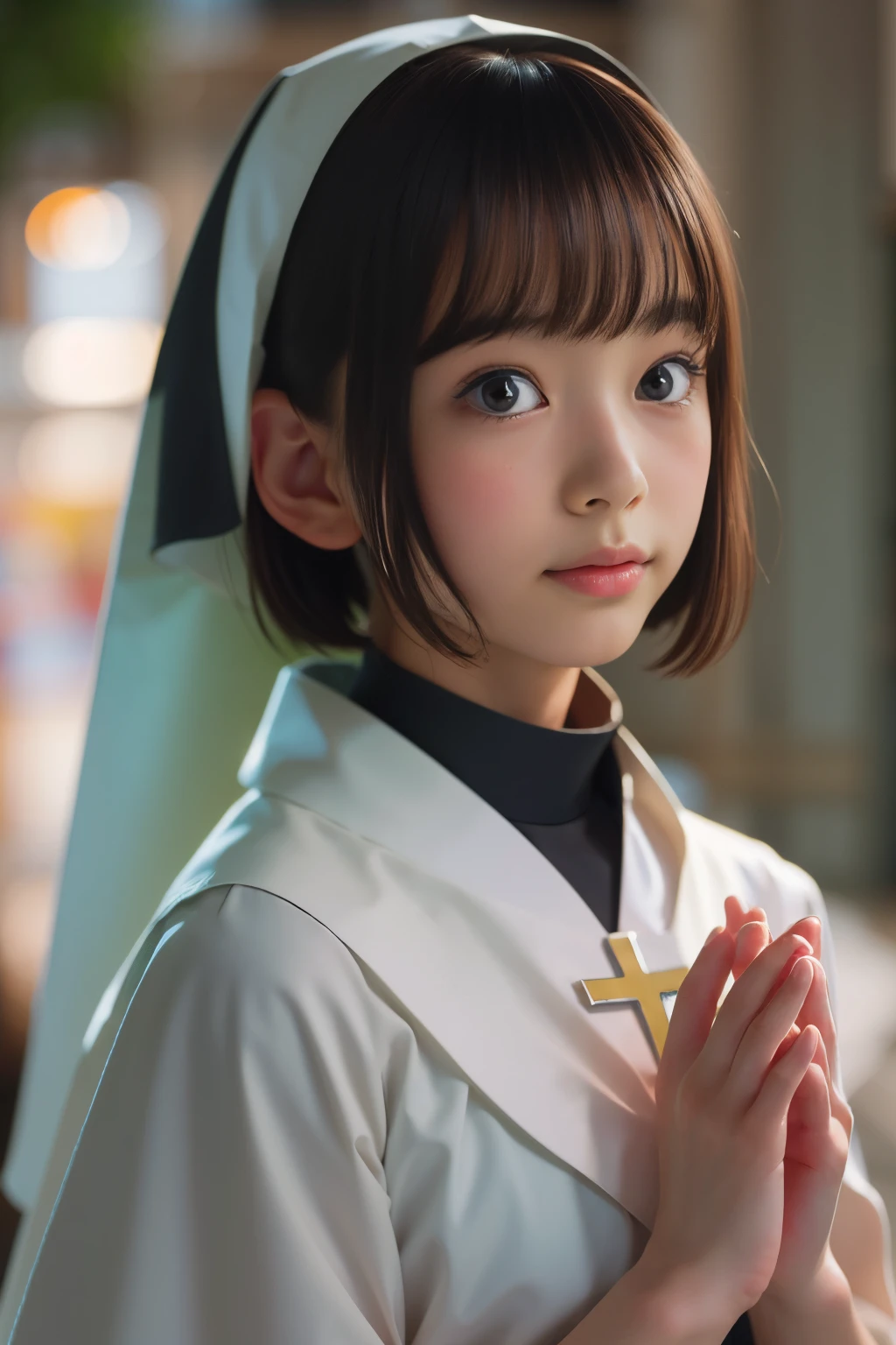 Ultra High Resolution, (Realistic: 1.4), RAW Photo, Best Quality, (Photorealistic), Focus, Soft Light, ((15 years old)), ((Japanese)), (Front, Young Face))), (Depth of Field), (One Piece), Masterpiece, (Photoreal), Woman, Bangs, ((short hair, nun, priest, 1 Girl))