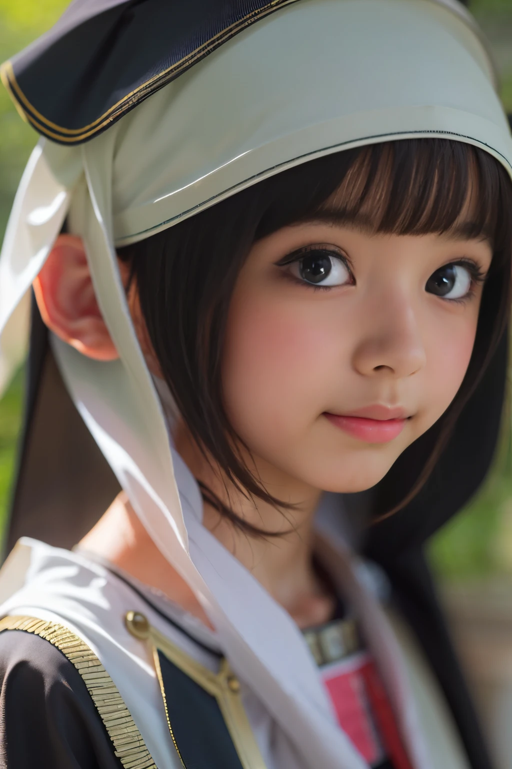 Ultra High Resolution, (Realistic: 1.4), RAW Photo, Best Quality, (Photorealistic), Focus, Soft Light, (()), ((Japanese)), (Front, Young Face))), (Depth of Field), (One Piece), Masterpiece, (Photoreal), Woman, Bangs, ((short hair, nun, priestess, 1 Girl))