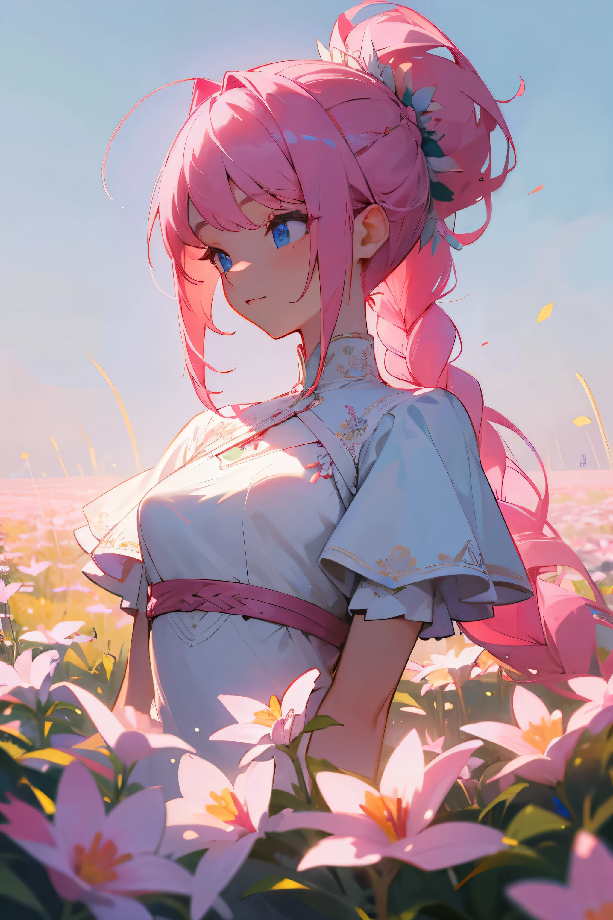masterpiece, high quality, perfect body, perfect body, flower field, sunny weather, pink hair, detailed braided pony tail, flowers on hair, blue eyes, detailed white evening dress