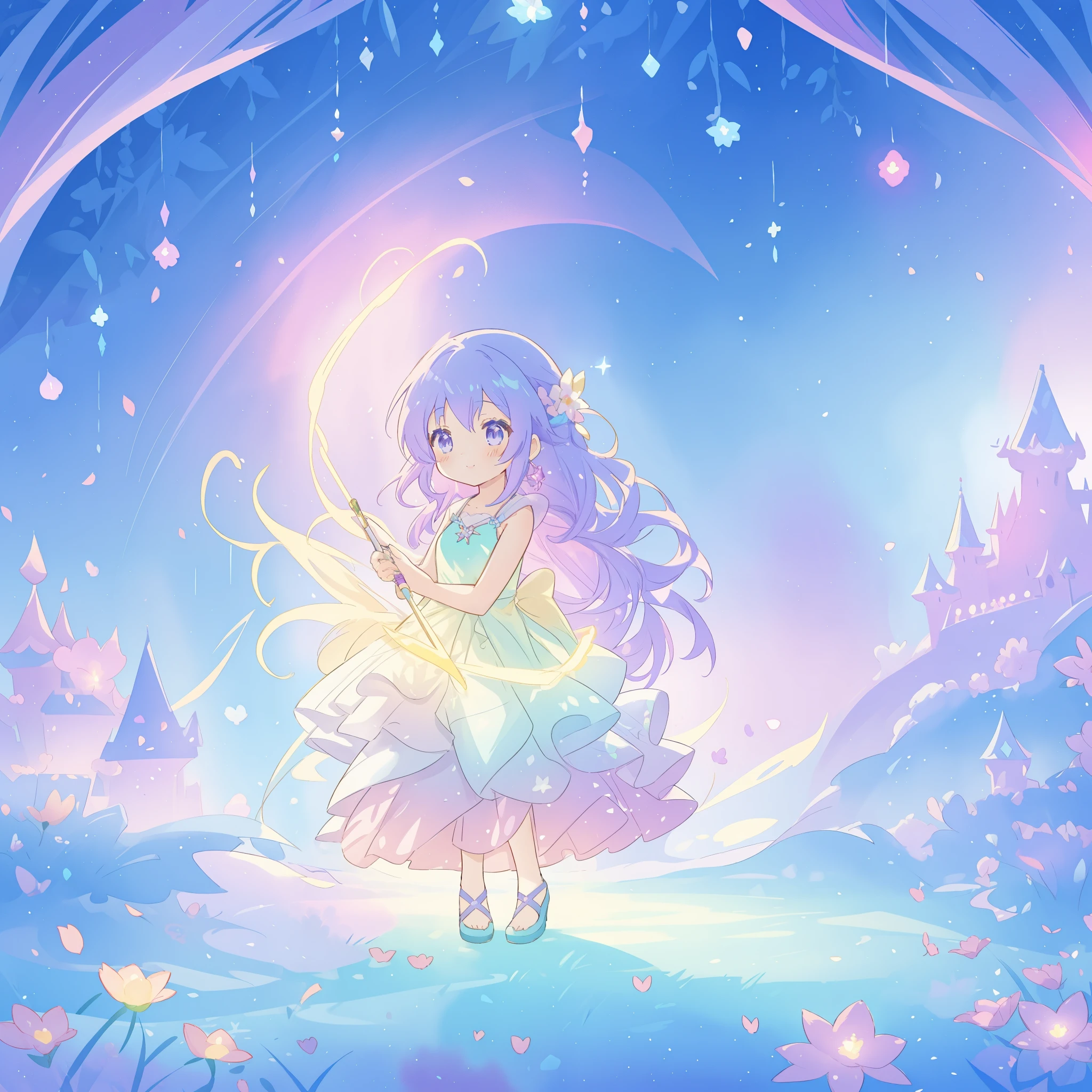 beautiful girl in gradient layered fantasy dress, long flowing blue purple hair, colorful fantasia background, watercolor illustration, disney art style, glowing aura around her, glowing lights, beautiful digital illustration, fantasia otherworldly landscape plants flowers, beautiful, masterpiece, best quality, anime disney style