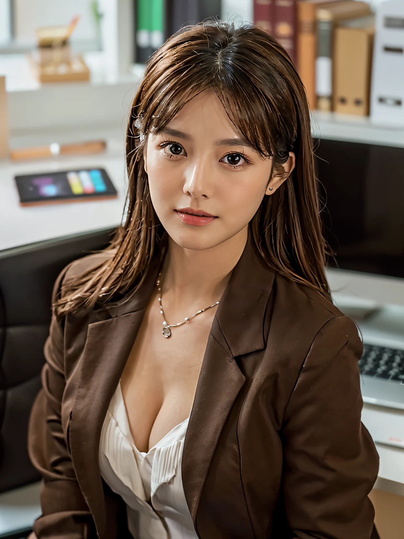 ((Office Scene, Realistic Light, Best Quality, 8K, Masterpiece: 1.3)), 1 Girl, formal cloth,Beauty: 1.4, (Brown Hair, glossy cheek: 1.3), black blazer: 1.3, laptop, Ultra Detailed Face, Detailed Eyes, Double Eyelids, office,Cleavage