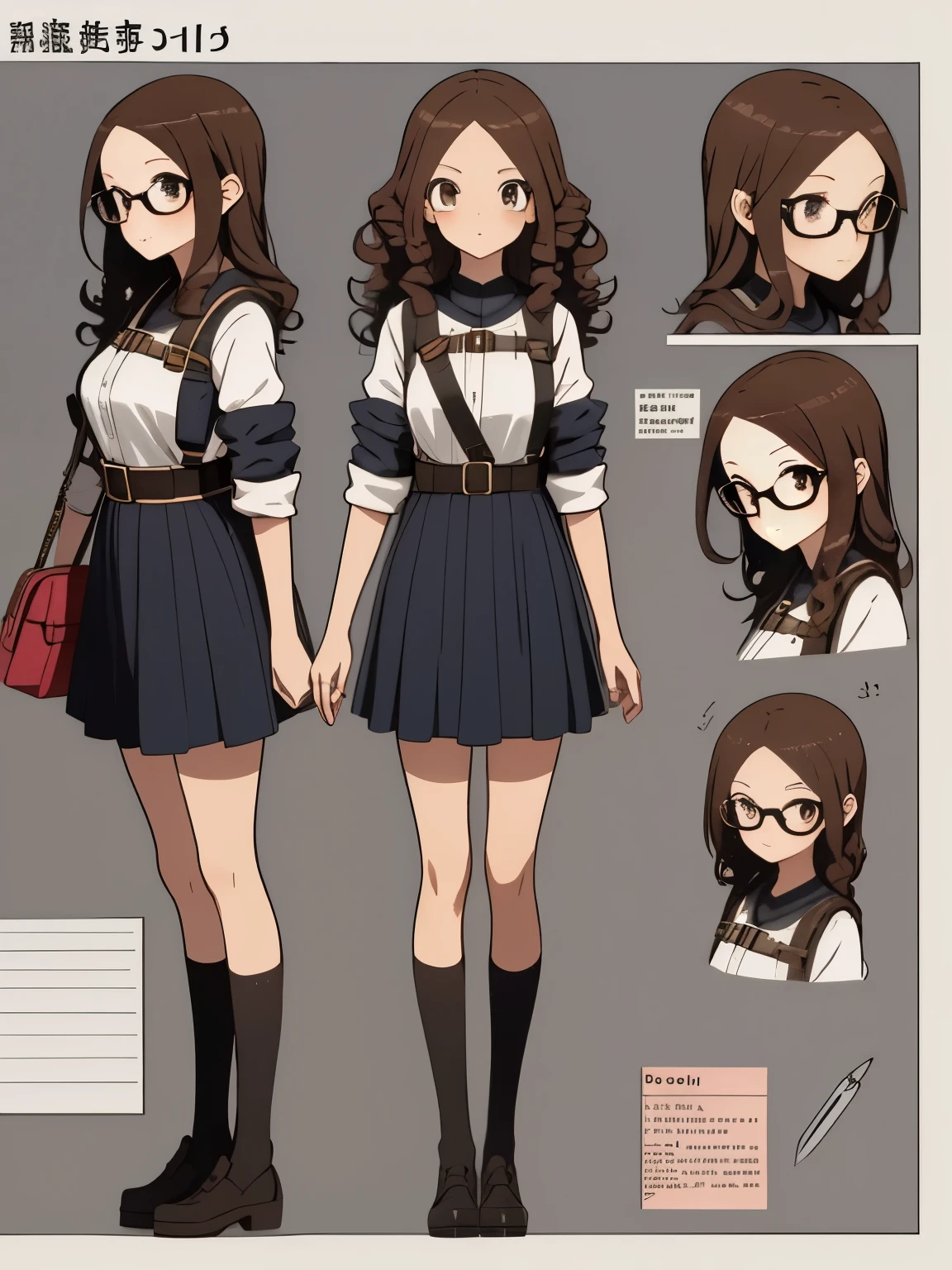 （masterpiece、Super exquisite、high resolution），（romantic、Innocent、𝓡𝓸𝓶𝓪𝓷𝓽𝓲𝓬、adventure、Bold、Travel Elements），（character design sheet:1.5, same characters, front, side, Back), *********** wearing princess costume, Glasses, Long curly hair, bow, lace, Black Sweater, bag, waist pouch, harness, tool带, tool