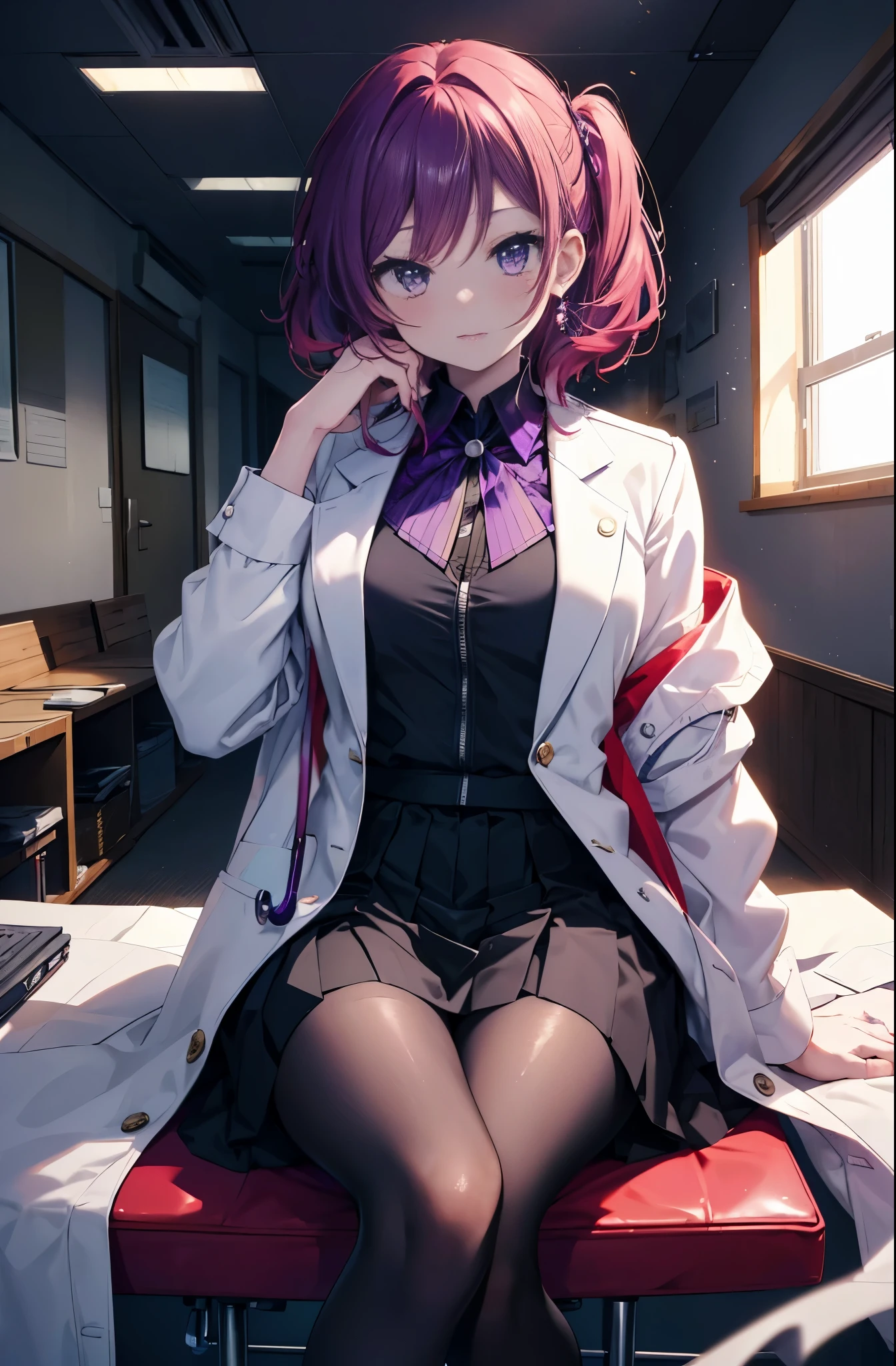 Maki Nishikino, Maki nishikino, semi-long, Red hair, (purple、eye:1.5) (medium chest:1.2),(Photorealistic beautiful doctor sitting on chair with legs crossed)、amazingly beautiful、((doctor&#39;s white coat)), collared shirt、doctor style)), ,(( silk blouse、black tight skirt、 black pantyhose))、白を基調としたExamination room,
break looking at viewer,
break indoors, Examination room, 
break (masterpiece:1.2), highest quality, High resolution, unity 8k wallpaper, (figure:0.8), (緻密で美しいeye:1.6), highly detailed face, perfect lighting, Very detailed CG, (perfect hands, perfect anatomy),