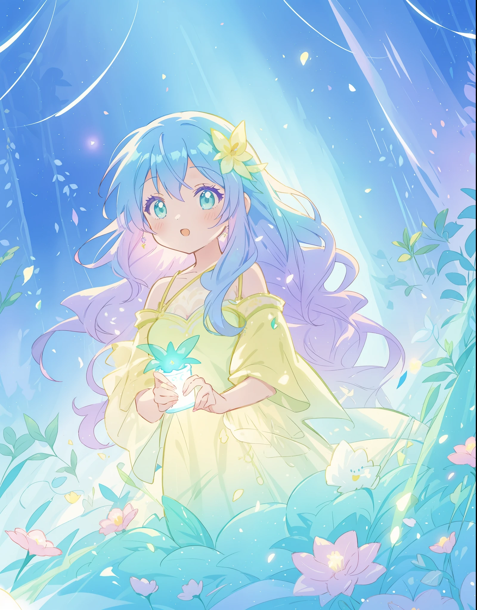 beautiful girl in yellow mint gradient layered fantasy dress, long flowing blue purple hair, colorful fantasia background, watercolor illustration, disney art style, glowing aura around her, glowing lights, beautiful digital illustration, fantasia otherworldly landscape plants flowers, beautiful, masterpiece, best quality, anime disney style