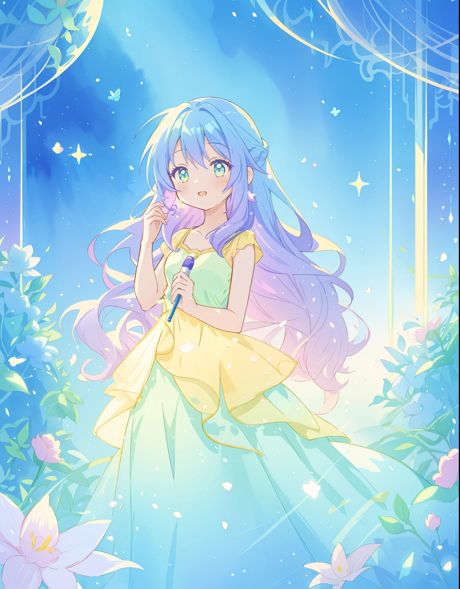beautiful girl in yellow mint gradient layered fantasy dress, long flowing blue purple hair, colorful fantasia background, watercolor illustration, disney art style, glowing aura around her, glowing lights, beautiful digital illustration, fantasia otherworldly landscape plants flowers, beautiful, masterpiece, best quality, anime disney style