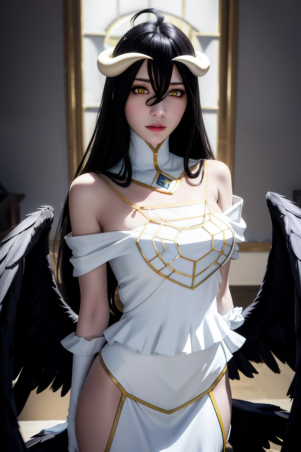 best quality, masterpiece, best animated, highres,
1girl, solo, mature female,  detailed face, detailed eyes, 
albedow, white dress, hip vent, white gloves,
bright light, bright, detailed light,   
black hair, hair between eyes, yellow eyes, white horns, ahoge, black wings, (low wings:1.1),